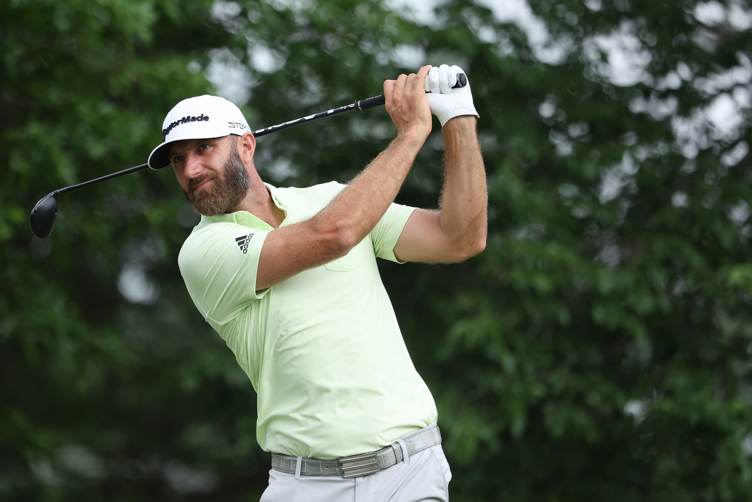 TULSA, OKLAHOMA - MAY 20: Dustin Johnson of the United States plays his shot from the 17th tee during the second round of the 2022 PGA Championship at Southern Hills Country Club on May 20, 2022 in Tulsa, Oklahoma. (Photo by Maddie Meyer/PGA of America/PGA of America via Getty Images )