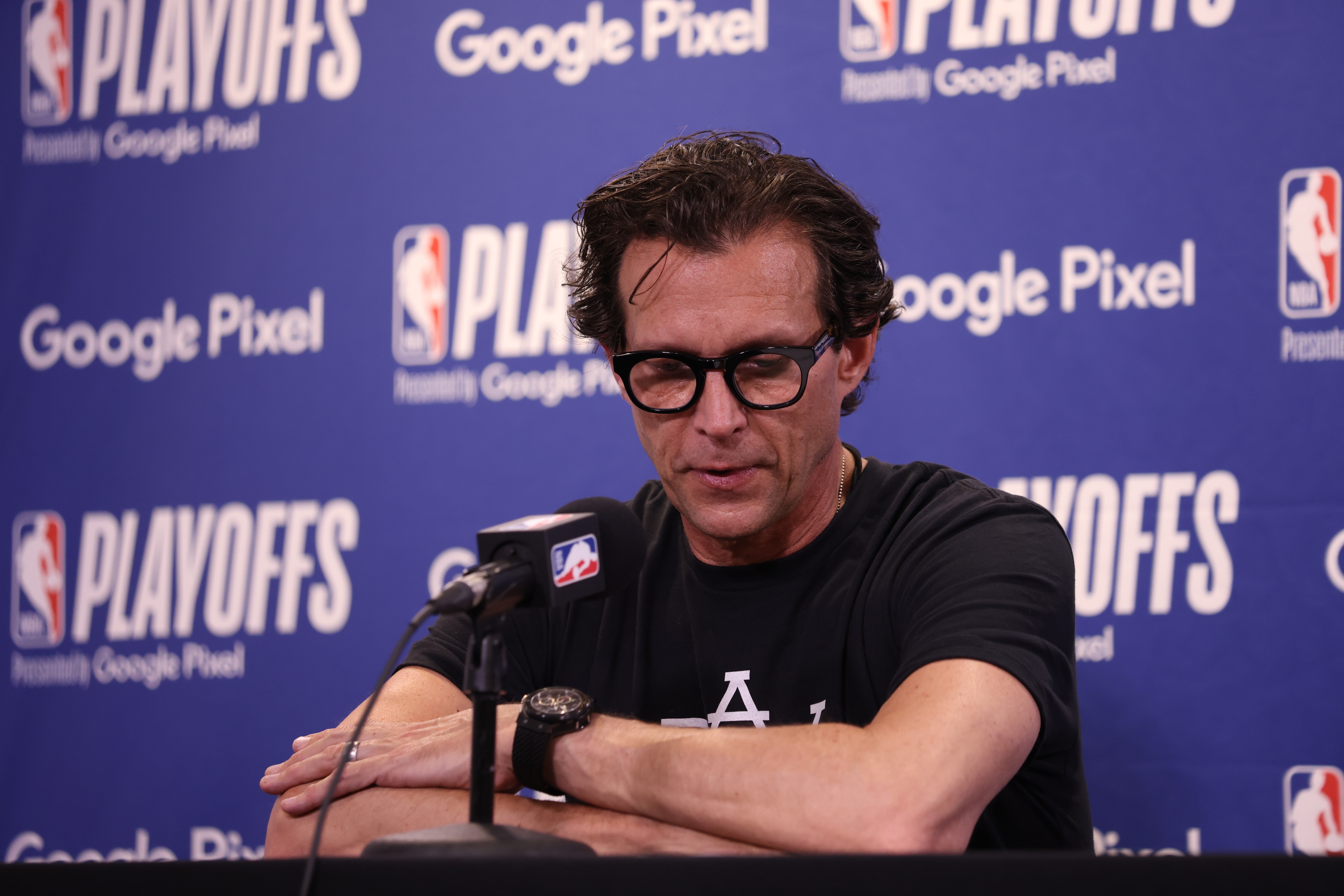 SALT LAKE CITY, UT - APRIL 28: Head Coach Quin Snyder of the Utah Jazz talks to the media after Round 1 Game 6 of the 2022 NBA Playoffs against the Dallas Mavericks on April 28, 2022 at vivint.SmartHome Arena in Salt Lake City, Utah. NOTE TO USER: User expressly acknowledges and agrees that, by downloading and or using this Photograph, User is consenting to the terms and conditions of the Getty Images License Agreement. Mandatory Copyright Notice: Copyright 2022 NBAE (Photo by Melissa Majchrzak/NBAE via Getty Images)