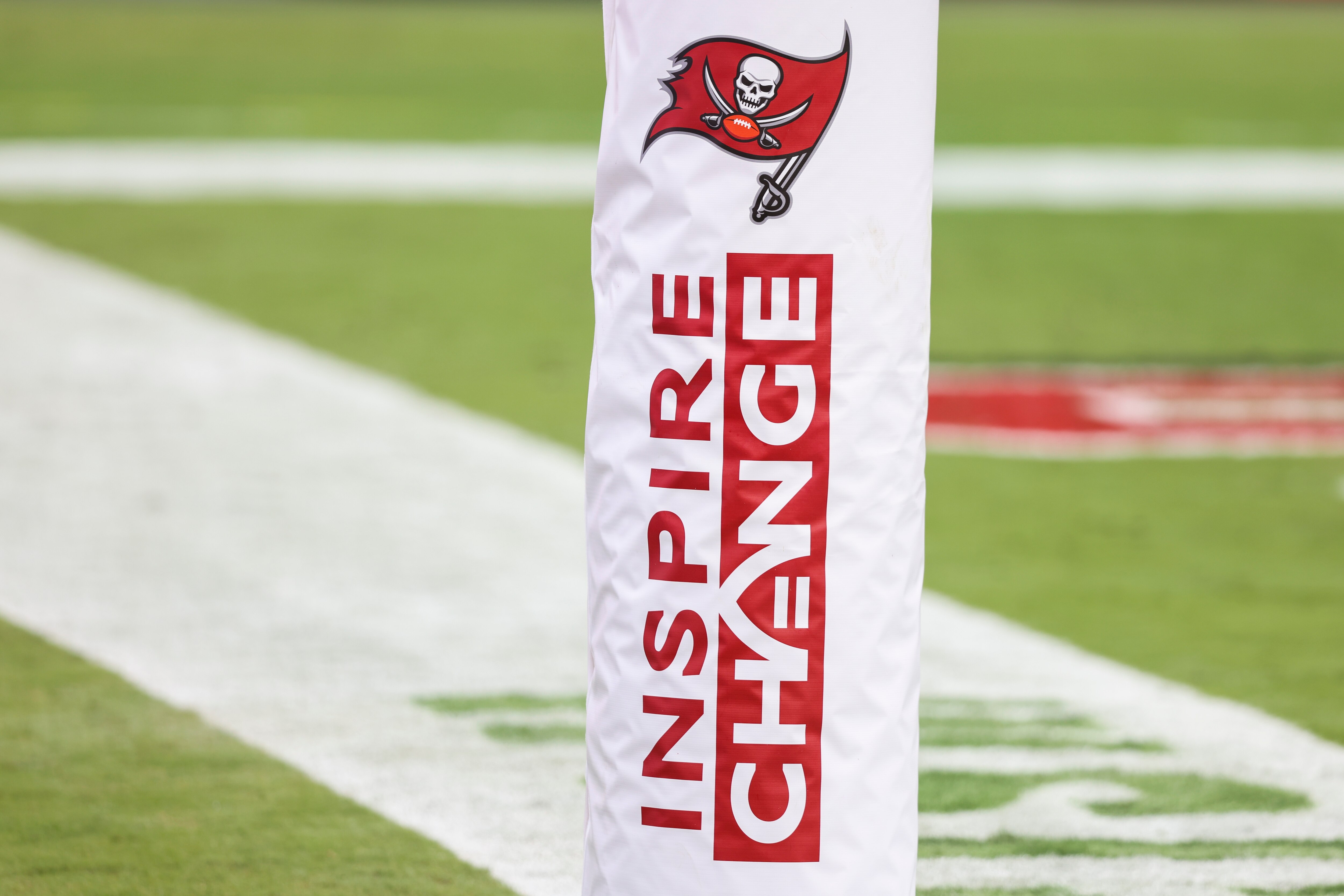 TAMPA, FLORIDA - OCTOBER 04: A detail view of a goal post bearing the message "Inspire Change" is seen during a game between the Tampa Bay Buccaneers and the Los Angeles Chargers at Raymond James Stadium on October 04, 2020 in Tampa, Florida. (Photo by James Gilbert/Getty Images)
