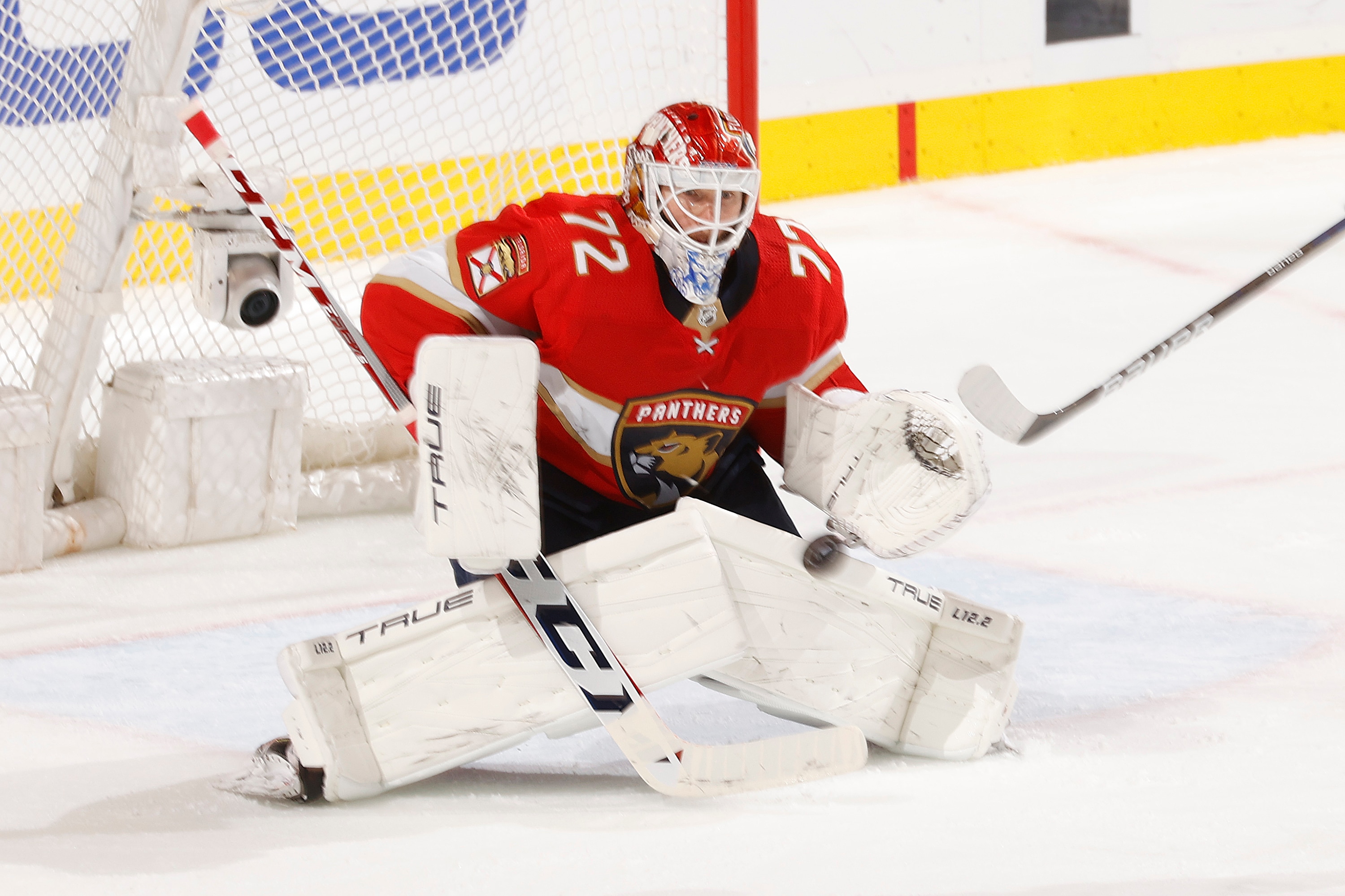 SUNRISE, FL - MAY 19: Goaltender Sergei Bobrovsky #72 of the Florida Panthers defends the net against a shot by the Tampa Bay Lightning in Game Two of the Second Round of the 2022 NHL Stanley Cup Playoffs at the FLA Live Arena on May 19, 2022 in Sunrise, Florida. (Photo by Joel Auerbach/Getty Images)