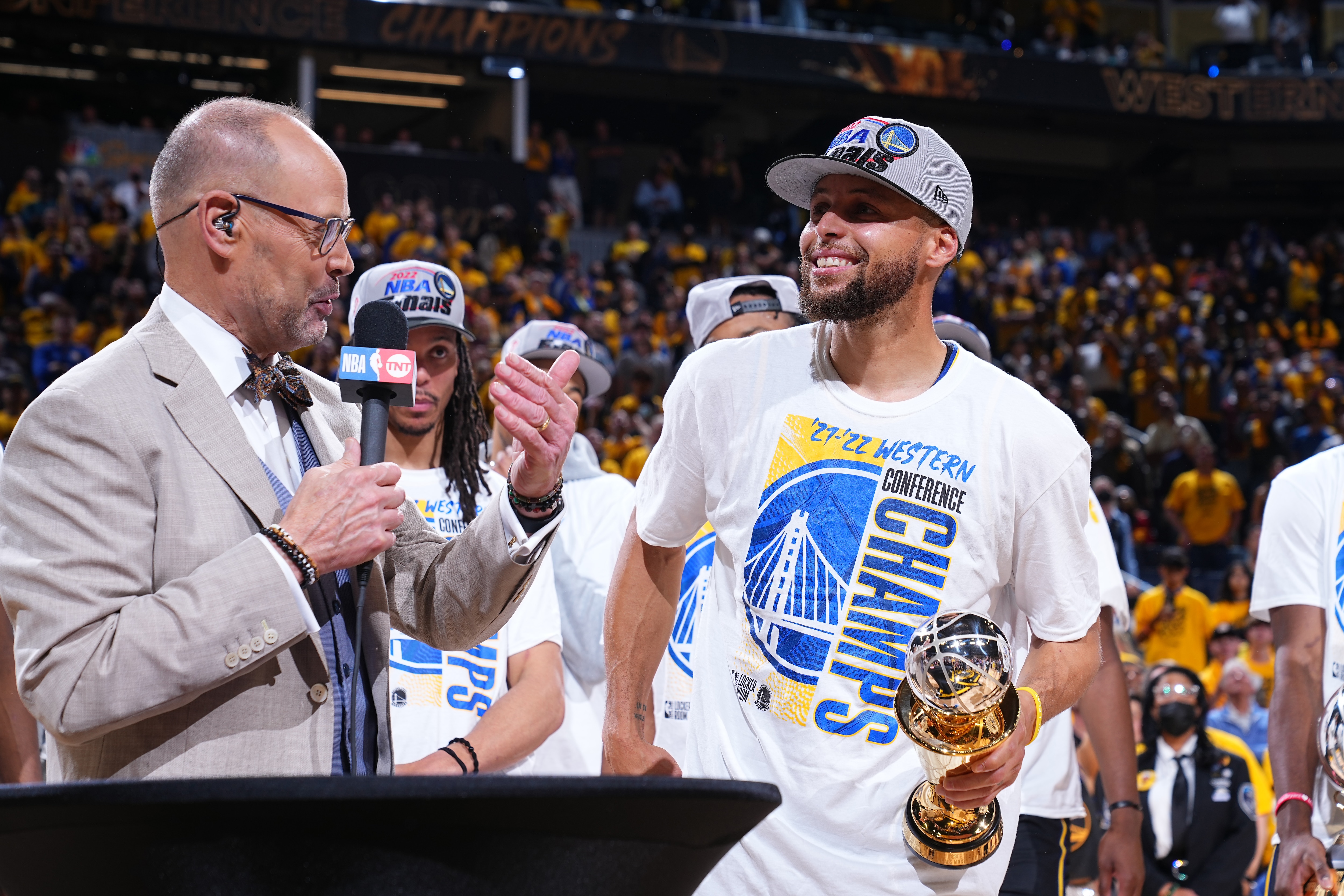 SAN FRANCISCO, CA - MAY 26: TNT Analyst, Ernie Johnson interviews Stephen Curry #30 of the Golden State Warriors after winning the Earvin Magic Johnson Western Conference Finals MVP award after Game 5 of the 2022 NBA Playoffs Western Conference Finals on May 26, 2022 at Chase Center in San Francisco, California. NOTE TO USER: User expressly acknowledges and agrees that, by downloading and or using this photograph, user is consenting to the terms and conditions of Getty Images License Agreement. Mandatory Copyright Notice: Copyright 2022 NBAE (Photo by Garrett Ellwood/NBAE via Getty Images)