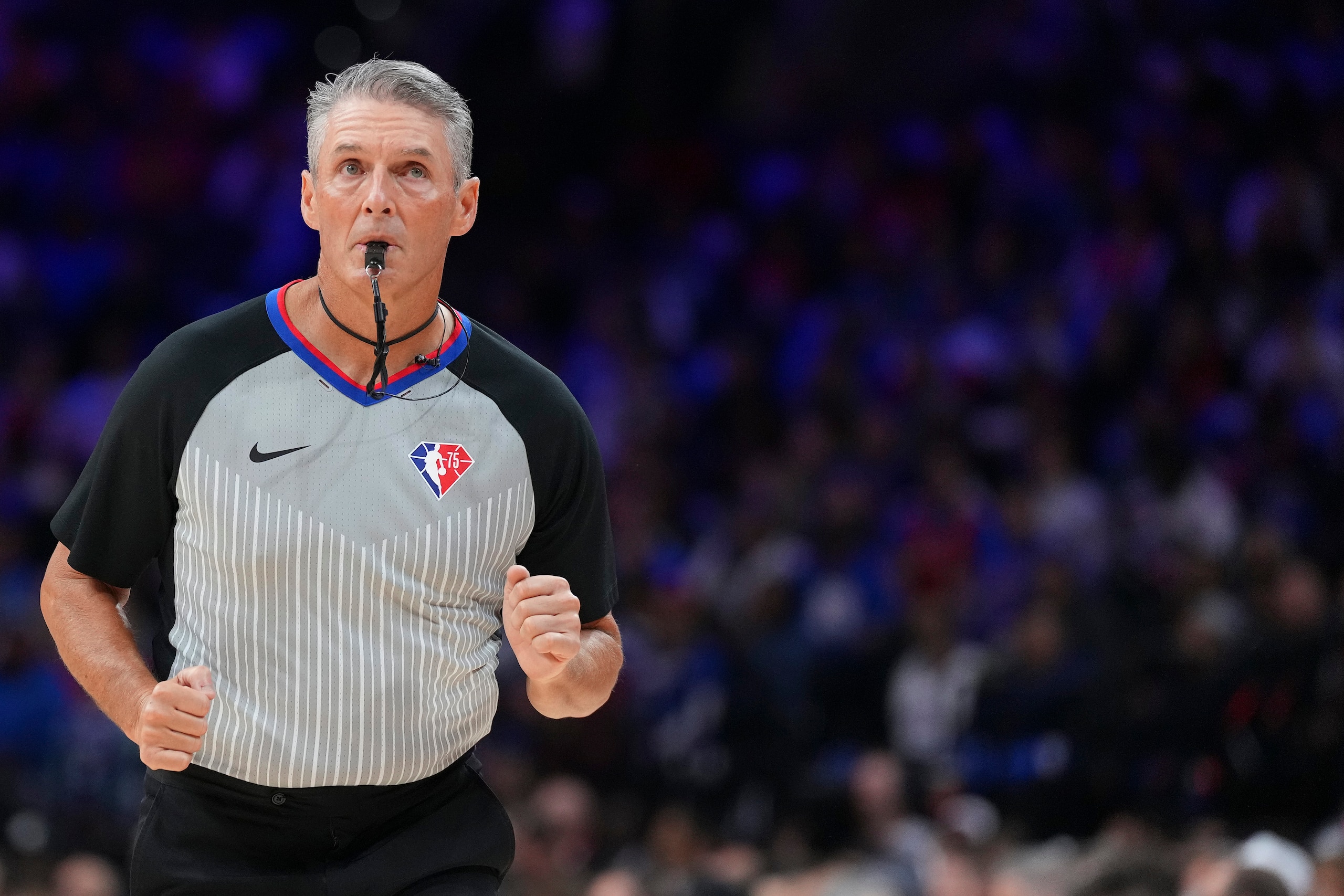 PHILADELPHIA, PA - MAY 08: Referee Scott Foster #48 runs up the court during Game Four of the 2022 NBA Playoffs Eastern Conference Semifinals between the Miami Heat and Philadelphia 76ers at the Wells Fargo Center on May 8, 2022 in Philadelphia, Pennsylvania. The 76ers defeated the Heat 116-108. NOTE TO USER: User expressly acknowledges and agrees that, by downloading and or using this photograph, User is consenting to the terms and conditions of the Getty Images License Agreement. (Photo by Mitchell Leff/Getty Images)