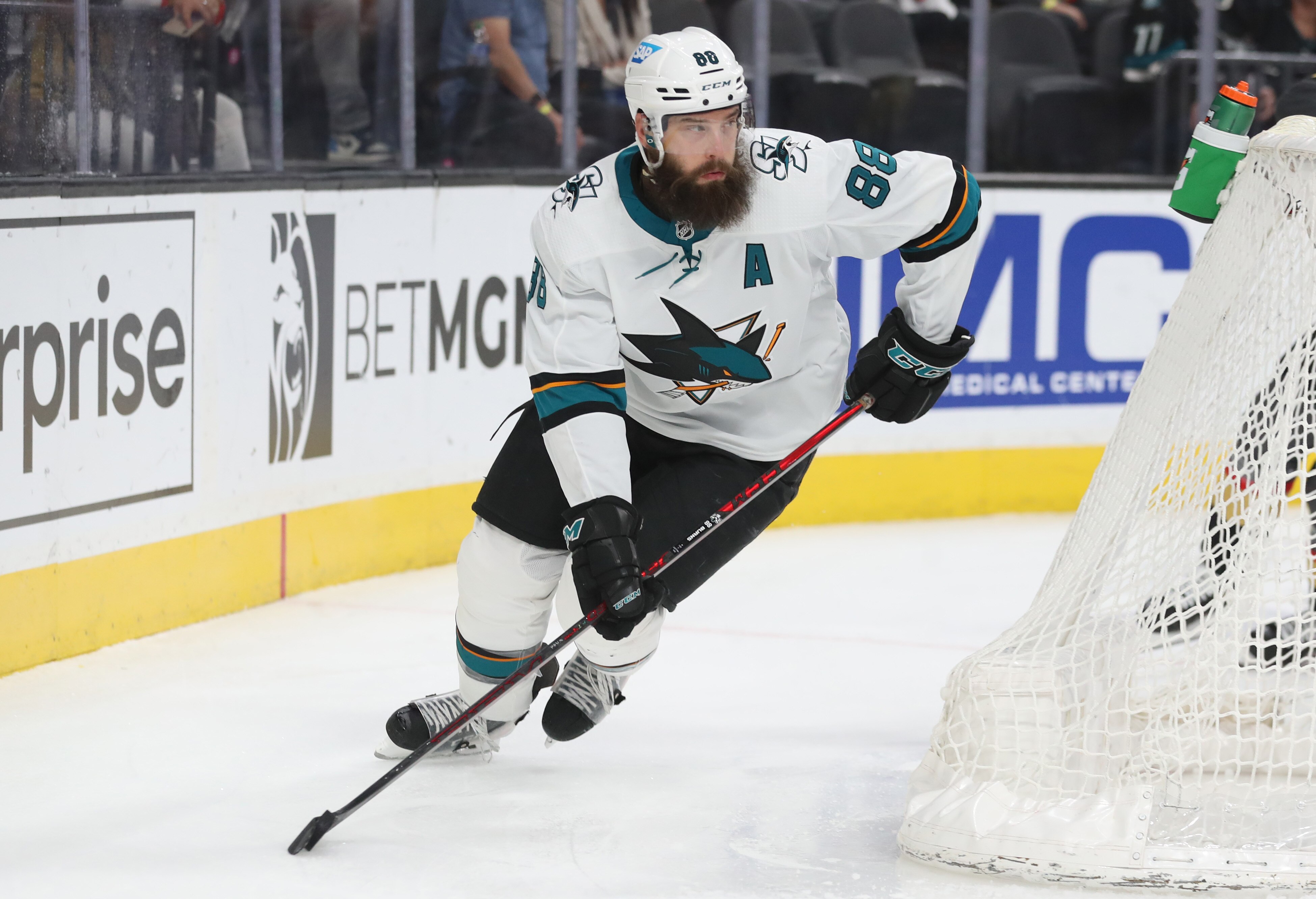 LAS VEGAS, NEVADA - APRIL 24: Brent Burns #88 of the San Jose Sharks skates during the second period of a game against the Vegas Golden Knights at T-Mobile Arena on April 24, 2022 in Las Vegas, Nevada. (Photo by Zak Krill/NHLI via Getty Images)