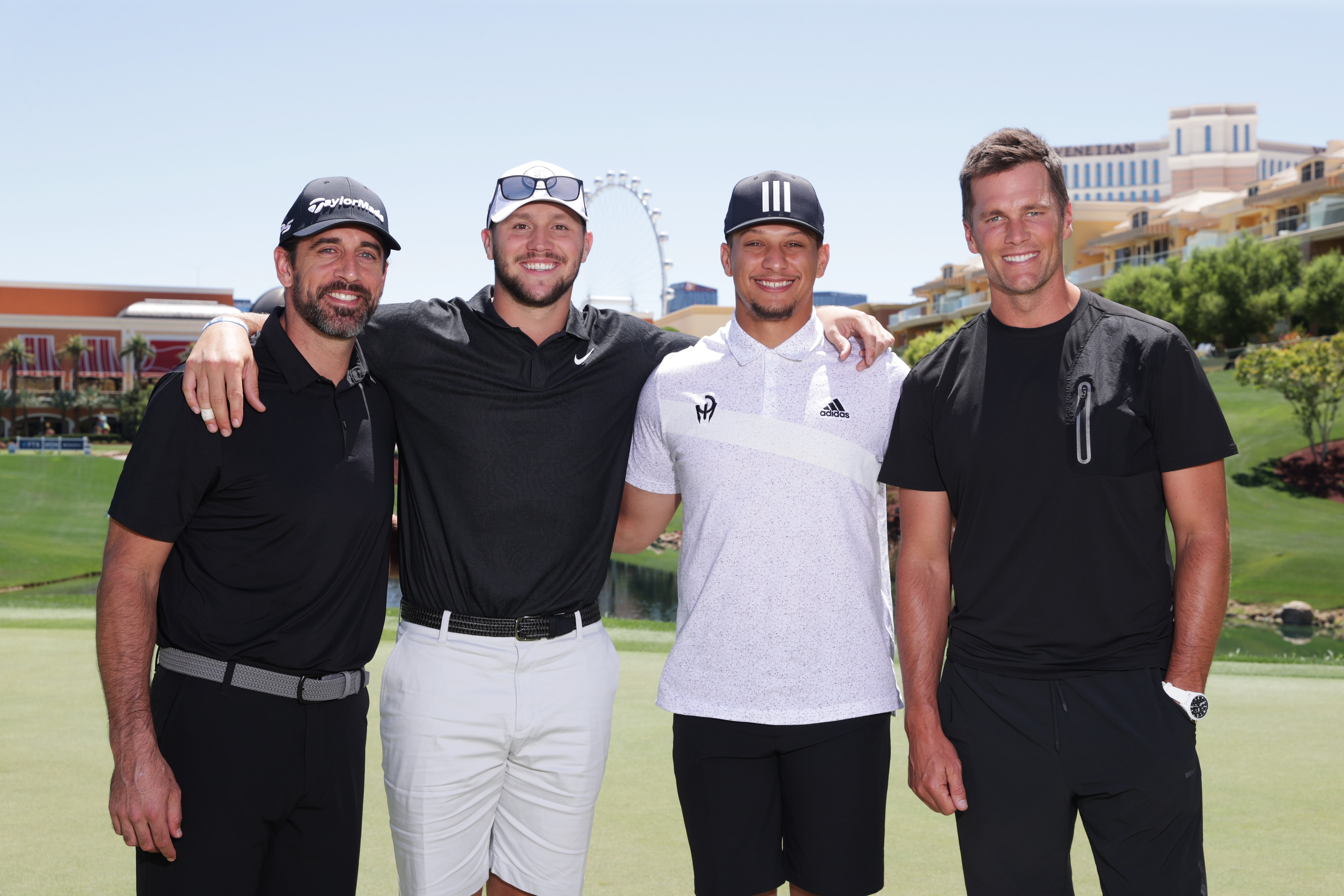 LAS VEGAS, NEVADA - JUNE 01: (L-R) Aaron Rodgers, Josh Allen, Patrick Mahomes and Tom Brady pose for a photo prior to Capital One's The Match VI - Brady & Rodgers v Allen & Mahomes at Wynn Golf Club on June 01, 2022 in Las Vegas, Nevada. (Photo by Carmen Mandato/Getty Images for The Match)