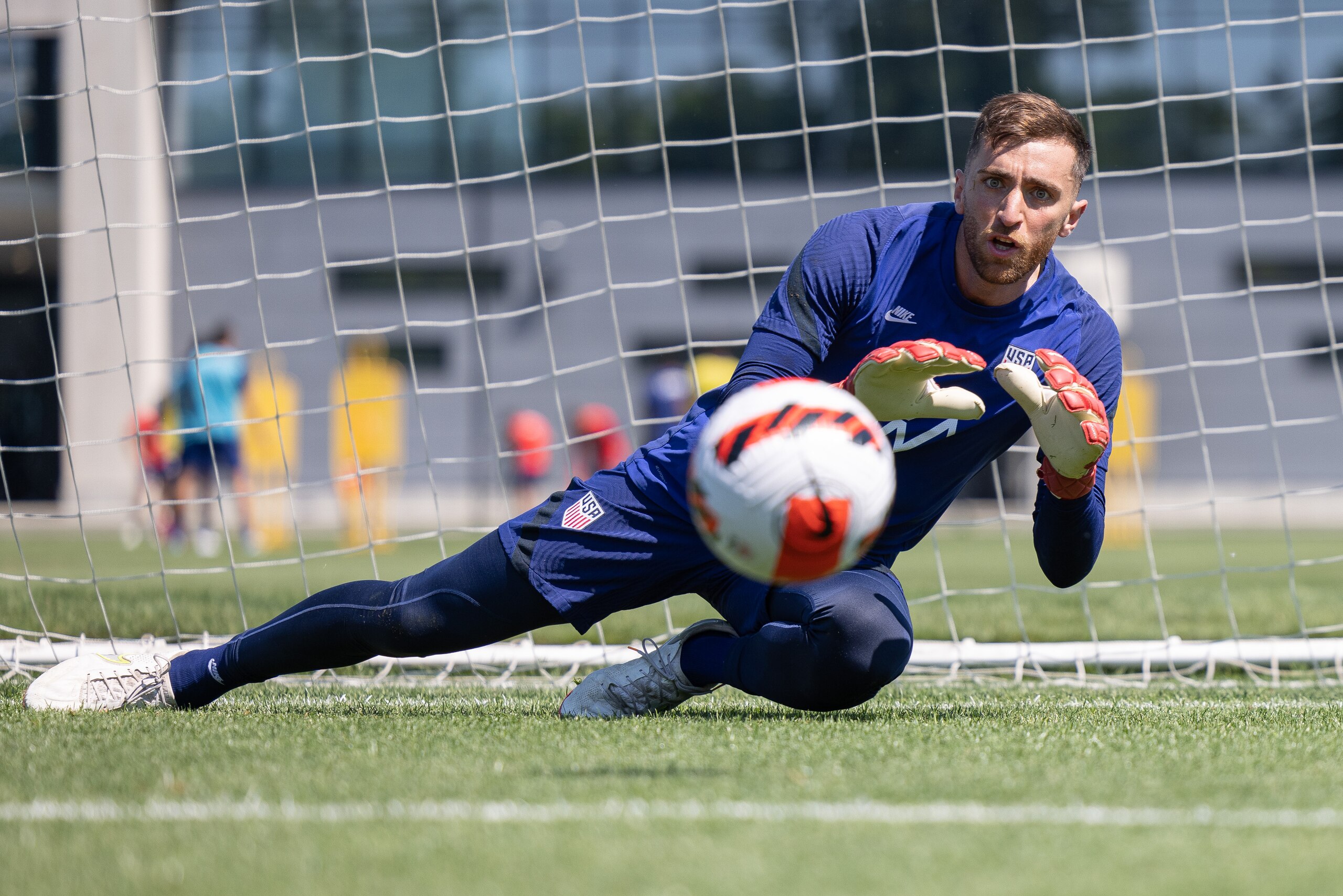 CINCINNATI, OH - MAY 30: Matt Turner makes the save during a training session at Mercy Health Training Center on May 30, 2022 in Cincinnati, Ohio. (Photo by John Dorton/ISI Photos/Getty Images)