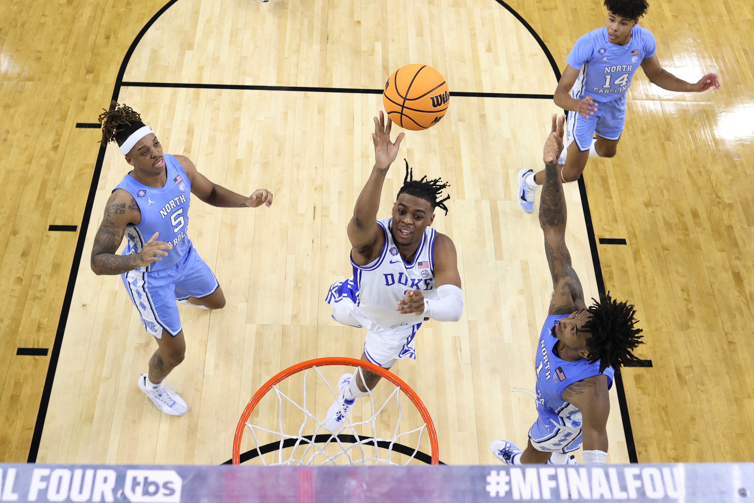 NEW ORLEANS, LOUISIANA - APRIL 02: Trevor Keels #1 of the Duke Blue Devils shoots the ball against the North Carolina Tar Heels during the first half in the semifinal game of the 2022 NCAA Men's Basketball Tournament Final Four at Caesars Superdome on April 02, 2022 in New Orleans, Louisiana. (Photo by Handout/NCAA Photos via Getty Images)