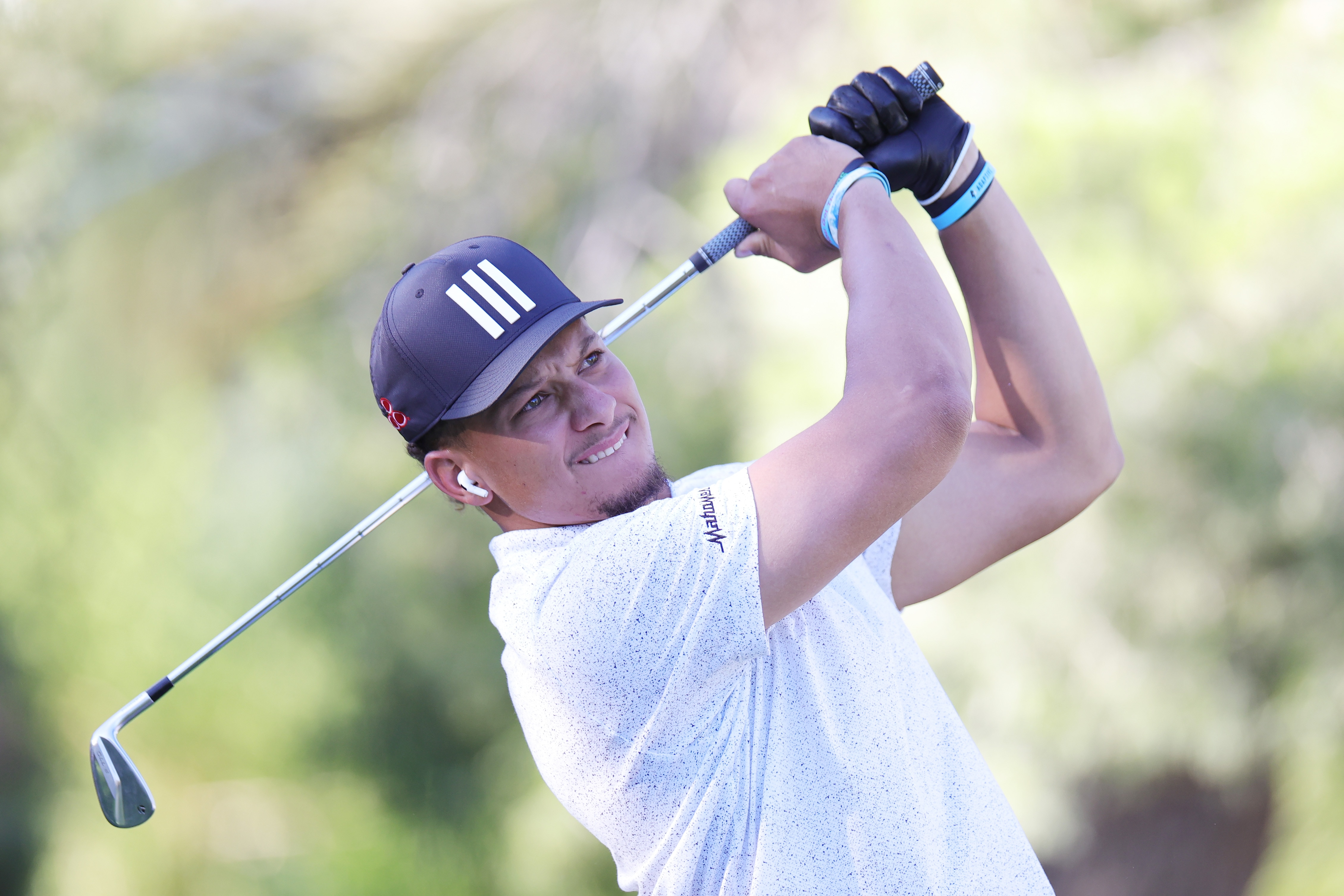LAS VEGAS, NEVADA - JUNE 01: Patrick Mahomes plays a shot during Capital One's The Match VI - Brady & Rodgers v Allen & Mahomes at Wynn Golf Club on June 01, 2022 in Las Vegas, Nevada. (Photo by Carmen Mandato/Getty Images for The Match)