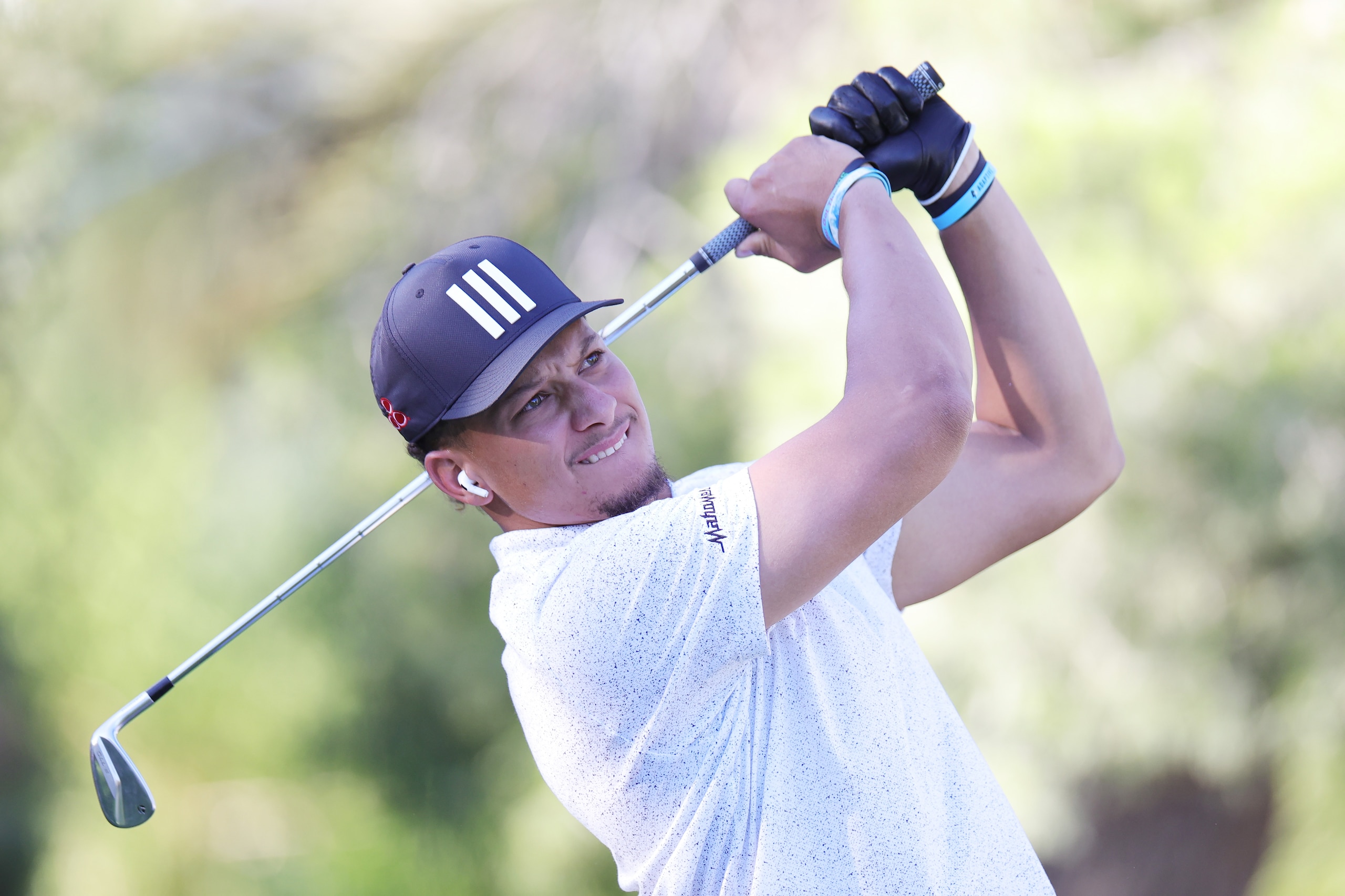 LAS VEGAS, NEVADA - JUNE 01: Patrick Mahomes plays a shot during Capital One's The Match VI - Brady & Rodgers v Allen & Mahomes at Wynn Golf Club on June 01, 2022 in Las Vegas, Nevada. (Photo by Carmen Mandato/Getty Images for The Match)