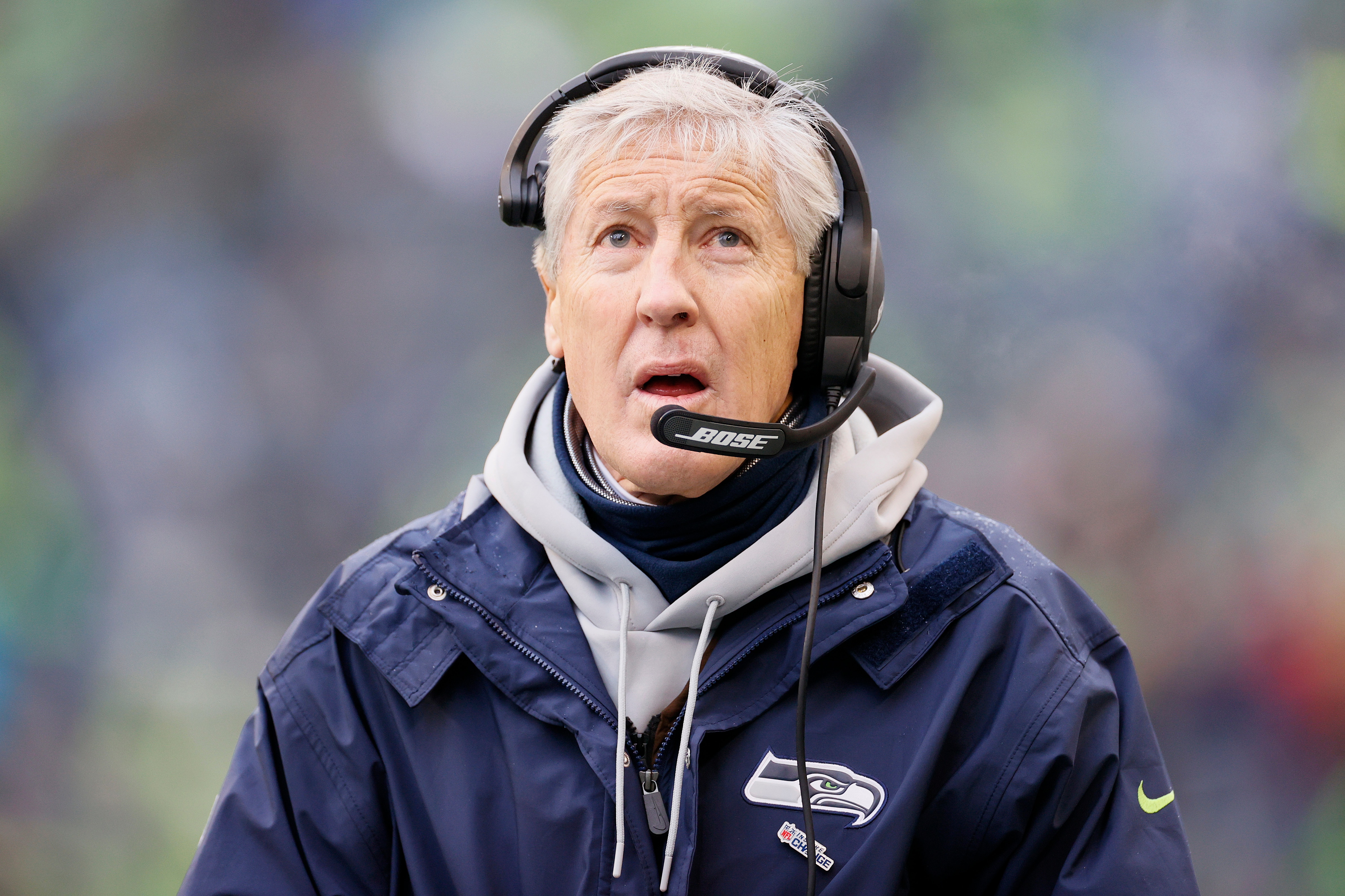 SEATTLE, WASHINGTON - JANUARY 02: Head coach Pete Carroll of the Seattle Seahawks looks on from the sideline during the first half against the Detroit Lions at Lumen Field on January 02, 2022 in Seattle, Washington. (Photo by Steph Chambers/Getty Images)