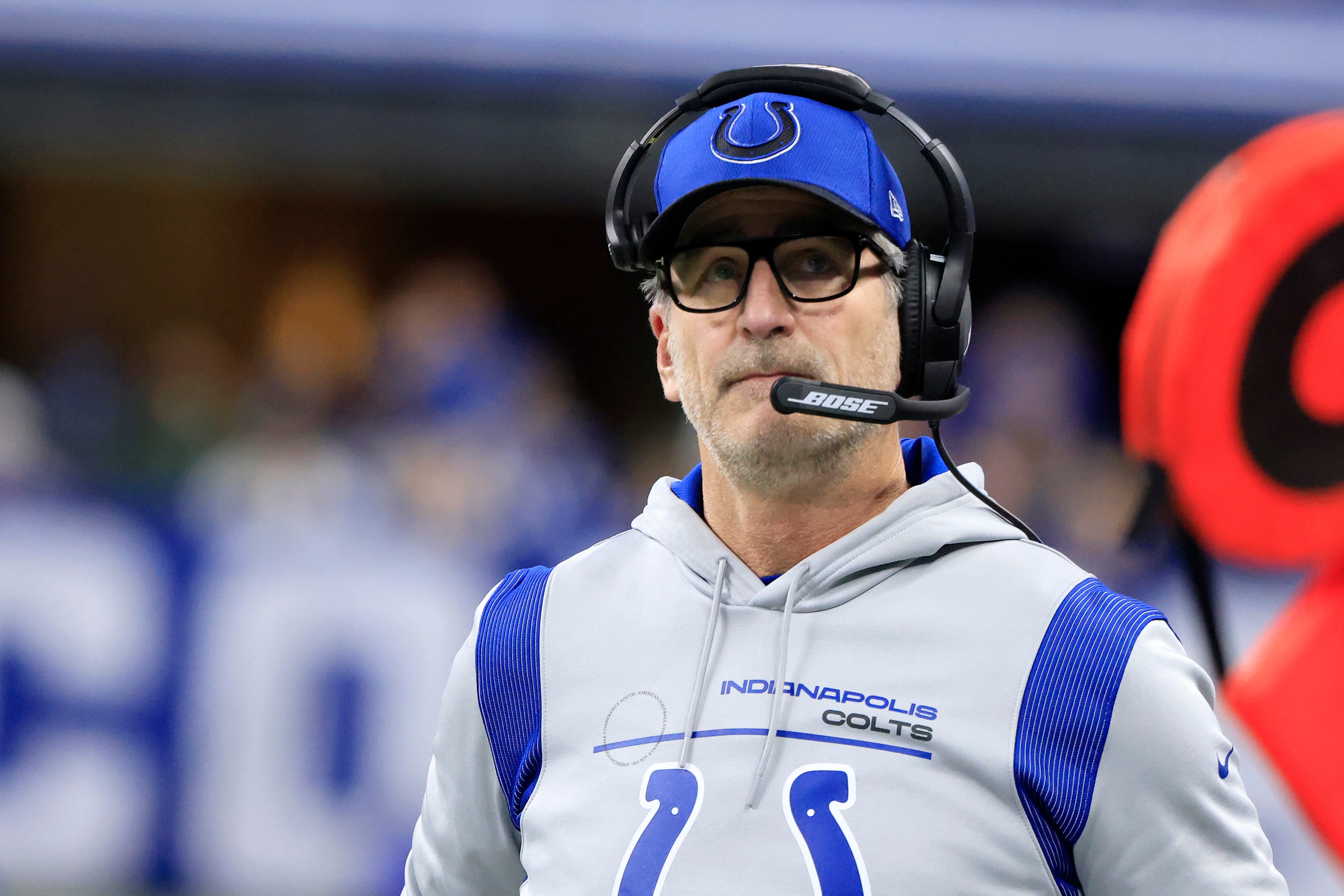 INDIANAPOLIS, INDIANA - JANUARY 02: Head coach Frank Reich of the Indianapolis Colts on the sidelines in the game against the Las Vegas Raiders at Lucas Oil Stadium on January 02, 2022 in Indianapolis, Indiana. (Photo by Justin Casterline/Getty Images)