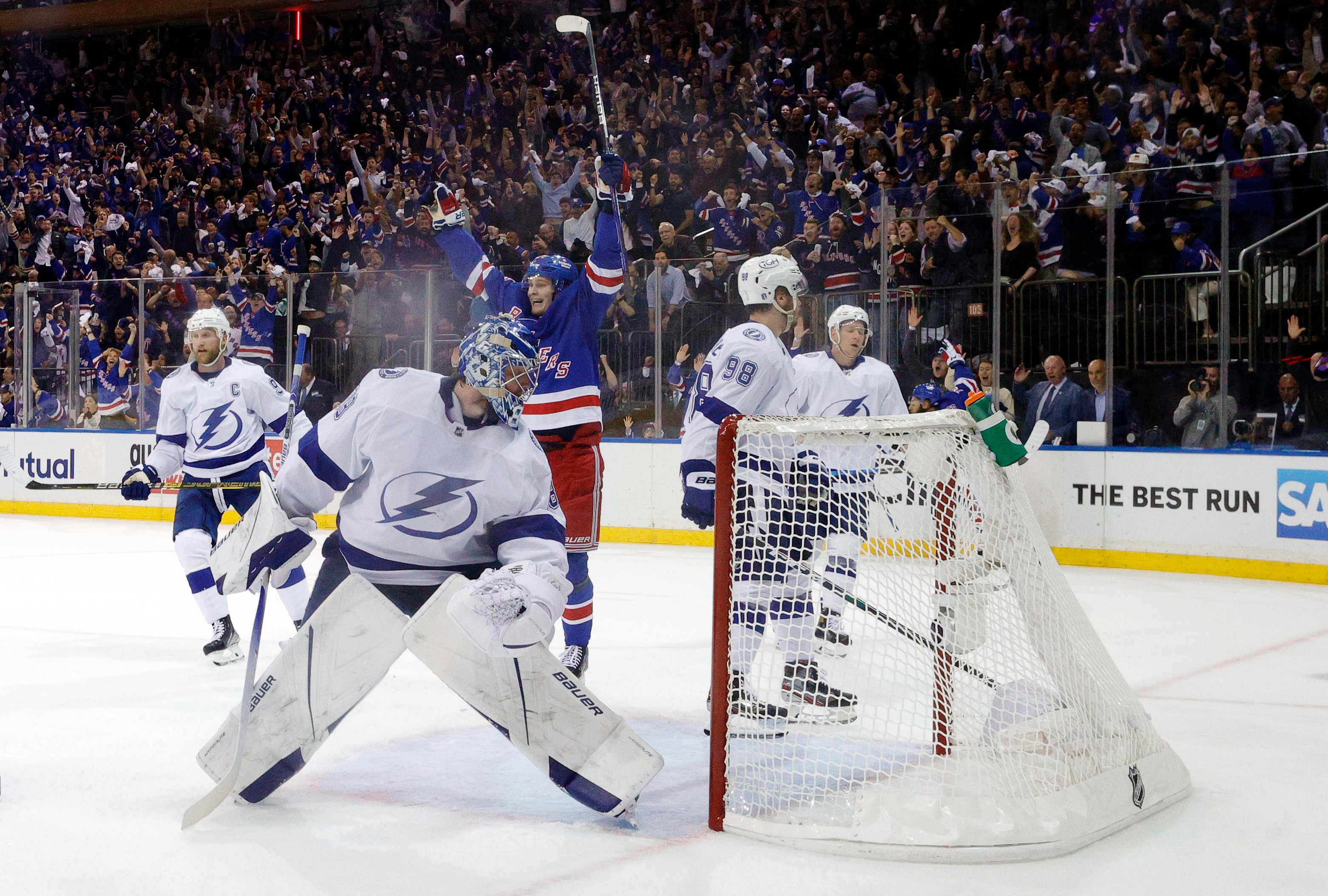 NEW YORK, NEW YORK - JUNE 01: Andrei Vasilevskiy #88 of the Tampa Bay Lightning gives up a goal to Filip Chytil #72 of the New York Rangers (not pictured) as Kaapo Kakko #24 of the New York Rangers reacts during the second period in Game One of the Eastern Conference Final of the 2022 Stanley Cup Playoffs at Madison Square Garden on June 01, 2022 in New York City. (Photo by Sarah Stier/Getty Images)