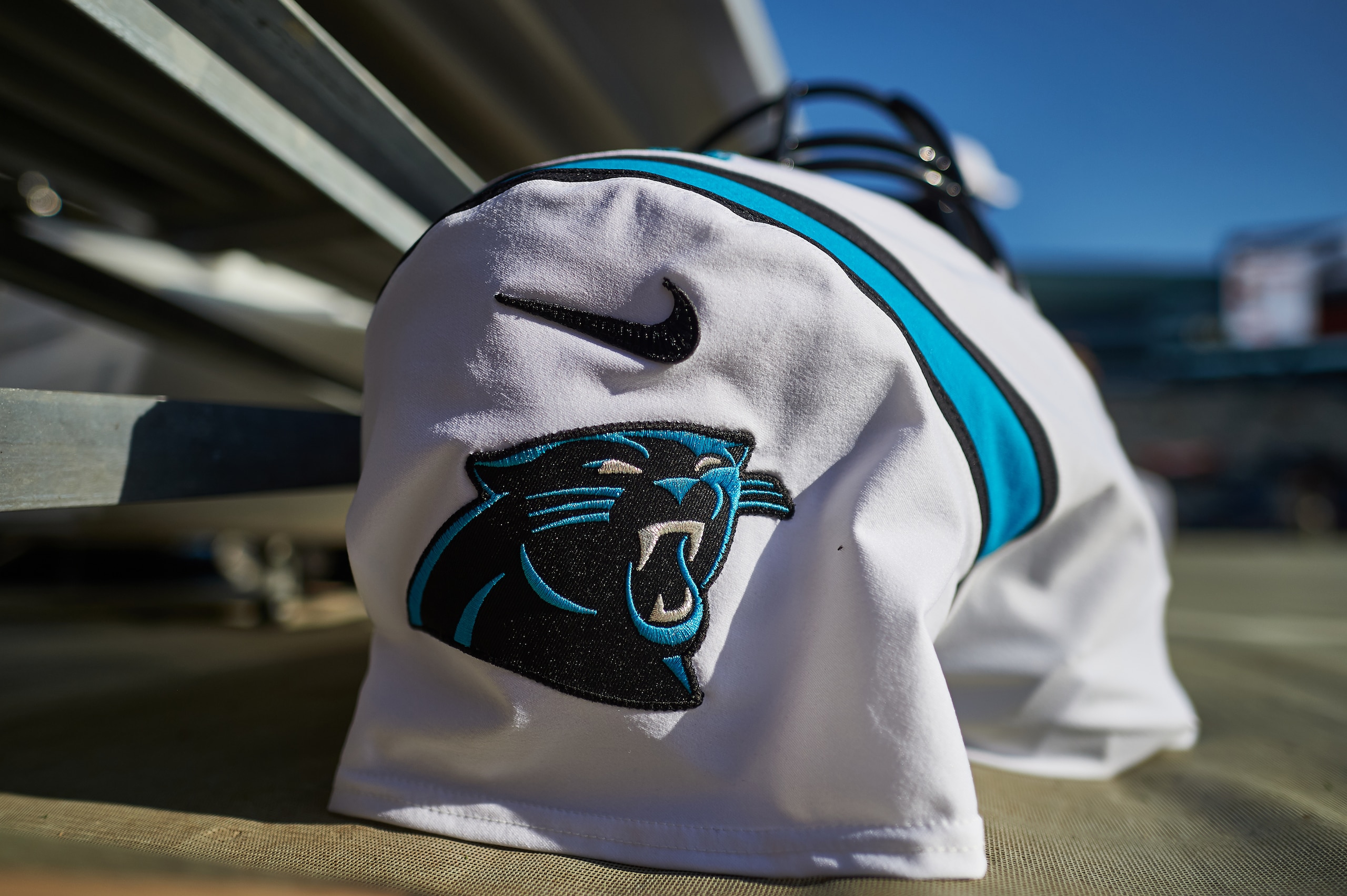 CHICAGO, IL - AUGUST 08: A detail view of the Carolina Panthers logo and a Nike logo is seen on a Carolina Panthers jersey prior to game action during a NFL preseason game between the Carolina Panthers and the Chicago Bears on August 8, 2019 at Soldier Field, in Chicago, IL. (Photo by Robin Alam/Icon Sportswire via Getty Images)