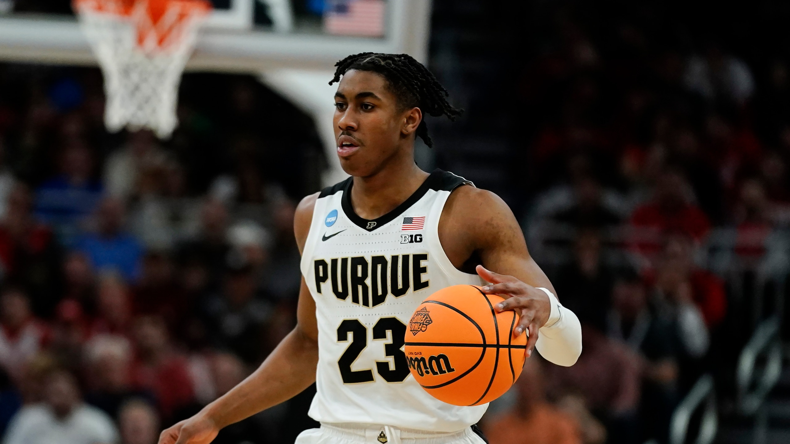 Purdue's Jaden Ivey during the second half of a first round NCAA college basketball tournament game against Yale Friday, March 18, 2022, in Milwaukee. (AP Photo/Morry Gash)