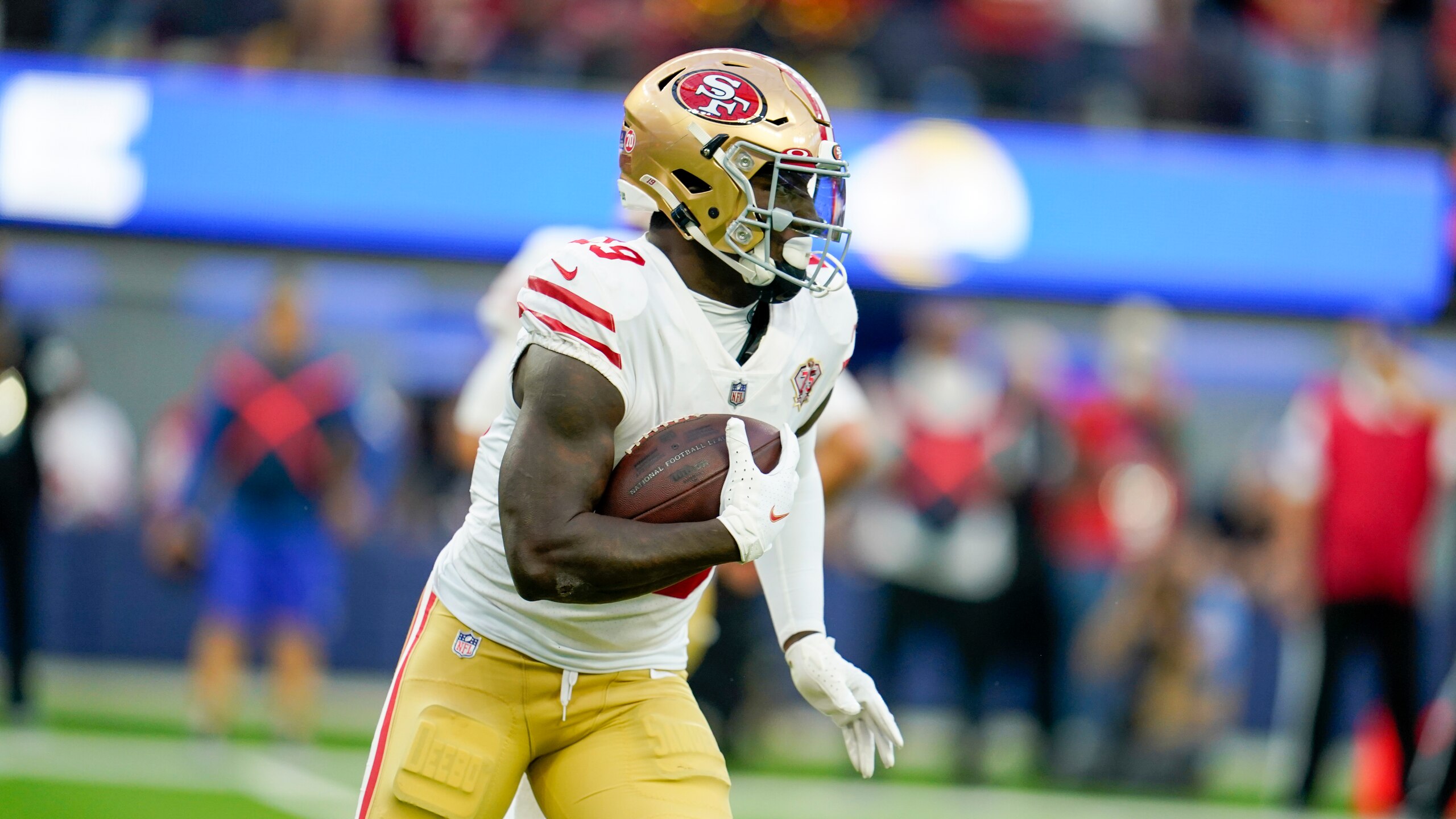 San Francisco 49ers' Deebo Samuel during the first half of the NFC Championship NFL football game against the Los Angeles Rams Sunday, Jan. 30, 2022, in Inglewood, Calif. (AP Photo/Marcio Jose Sanchez)