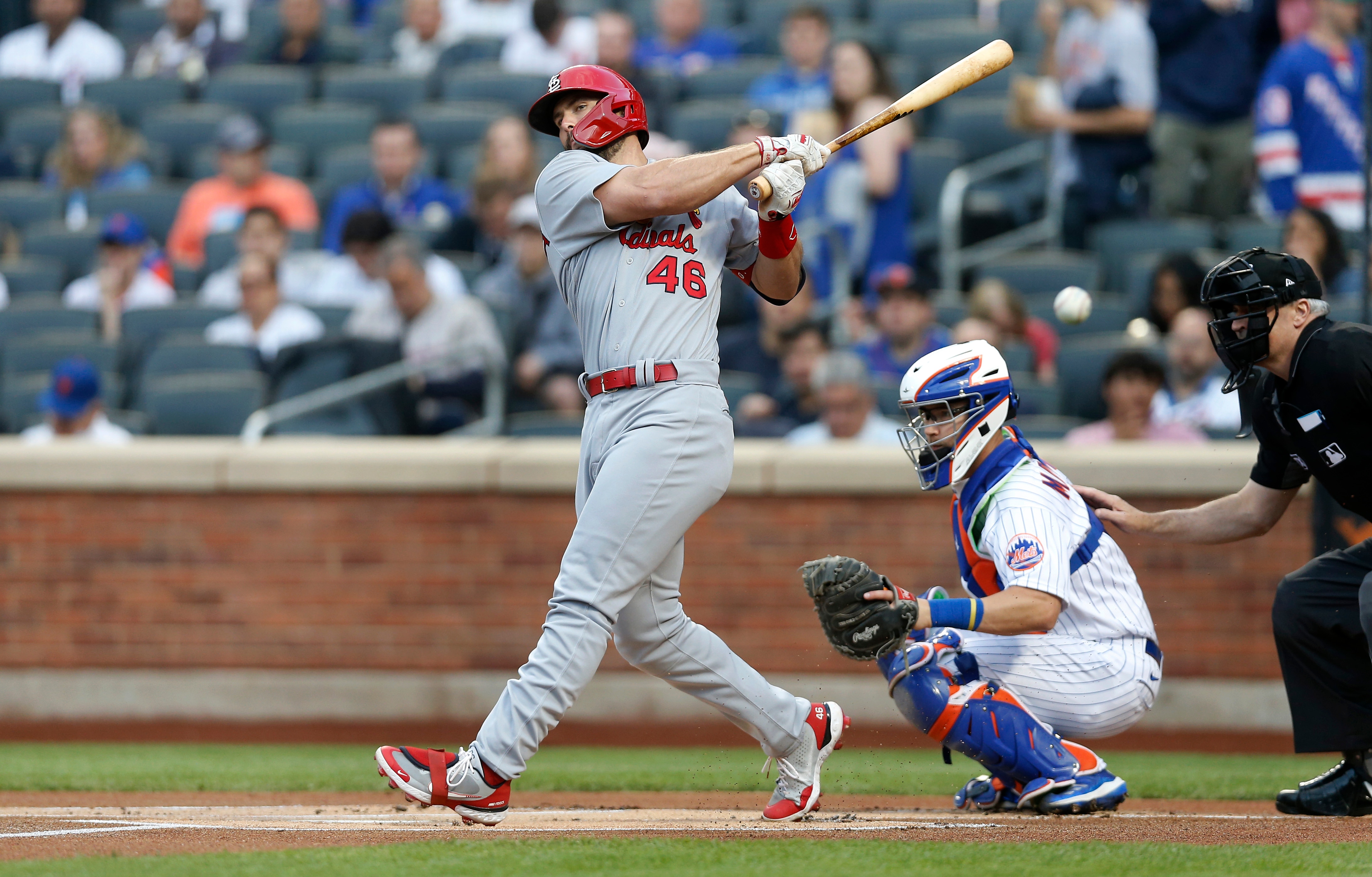 NEW YORK, NEW YORK - MAY 18:  Paul Goldschmidt #46 of the St. Louis Cardinals in action against the New York Mets at Citi Field on May 18, 2022 in New York City. The Mets defeated the Cardinals 11-4. (Photo by Jim McIsaac/Getty Images)