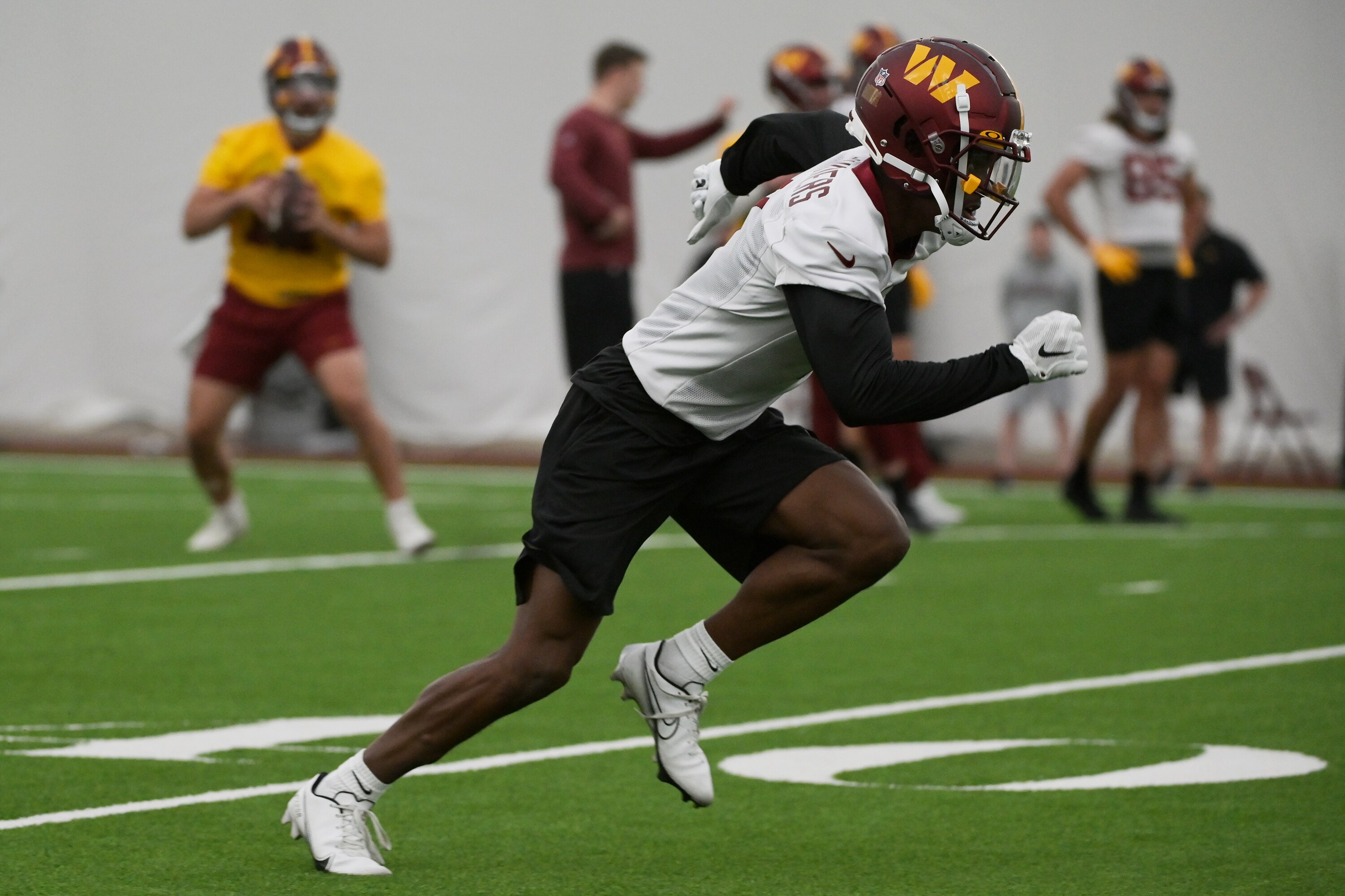 ASHBURN, VA- MAY 06: Washington Commanders Wide Receiver Jahan Dotson (1) is seen during Rookie Minicamp at the Commanders training facility in Ashburn, VA on May 06, 2022. (Photo by Craig Hudson for The Washington Post via Getty Images)