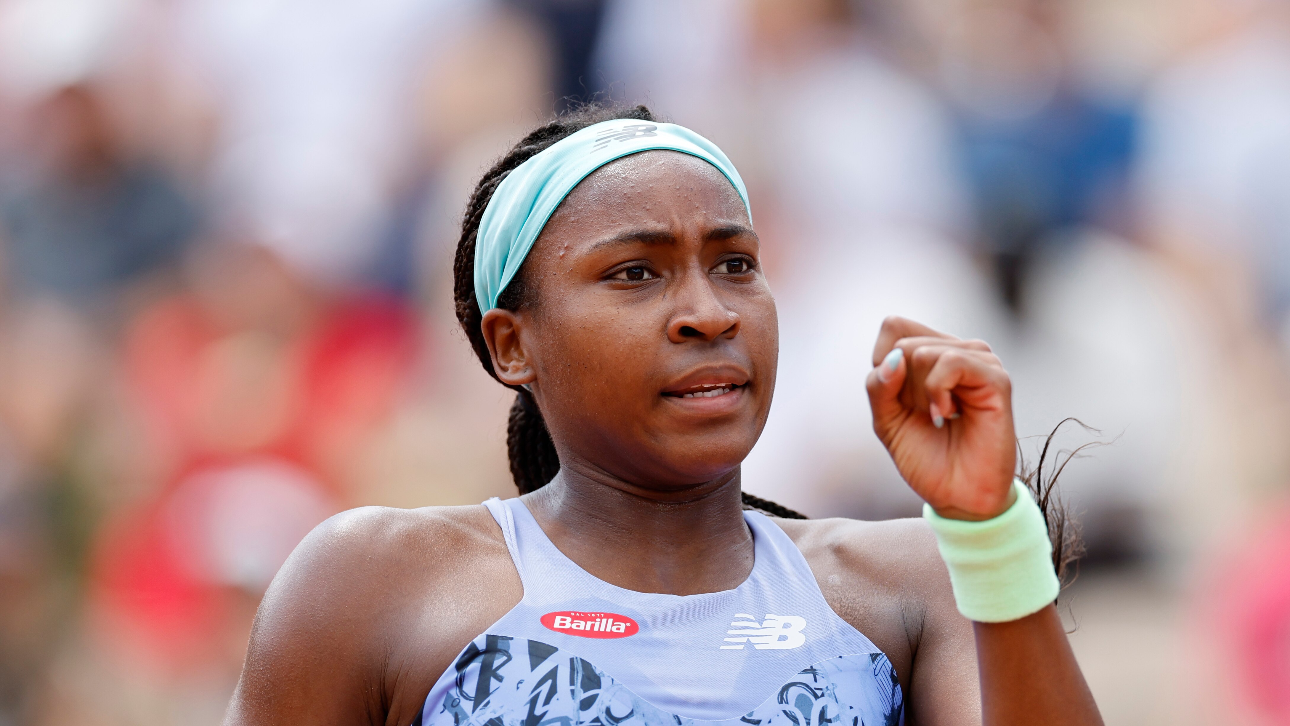 Coco Gauff of the U.S. reacts after defeating Belgium's Alison Van Uytvanck during their second round match of the French Open tennis tournament at the Roland Garros stadium Wednesday, May 25, 2022 in Paris. Gauff won 6-1, 7-6. (AP Photo/Jean-Francois Badias)