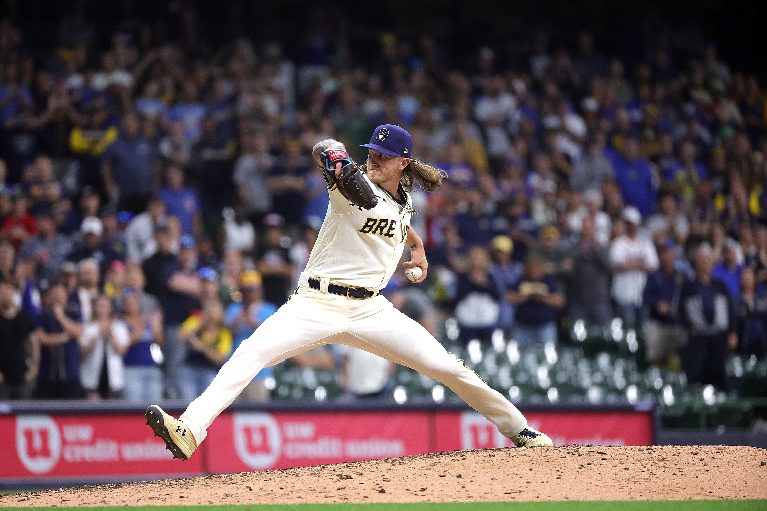 MILWAUKEE, WISCONSIN - MAY 16: Josh Hader #71 of the Milwaukee Brewers throws a pitch during a game against the Atlanta Braves at American Family Field on May 16, 2022 in Milwaukee, Wisconsin.  The Brewers defeated the Braves 1-0. (Photo by Stacy Revere/Getty Images)