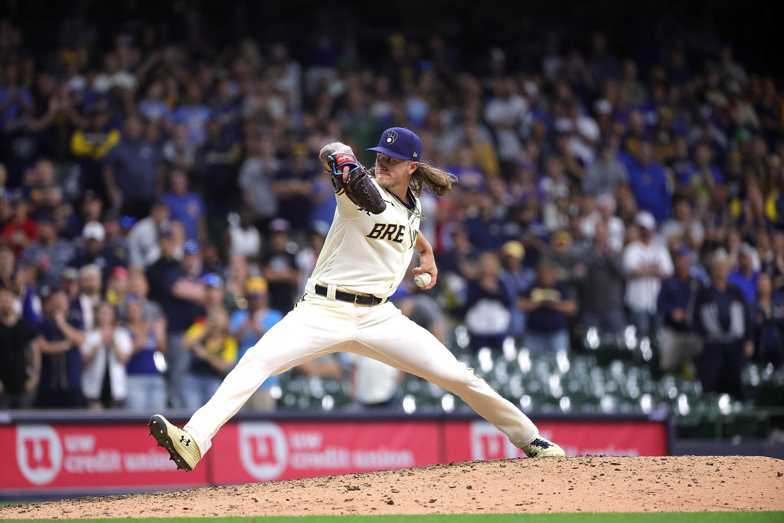 MILWAUKEE, WISCONSIN - MAY 16: Josh Hader #71 of the Milwaukee Brewers throws a pitch during a game against the Atlanta Braves at American Family Field on May 16, 2022 in Milwaukee, Wisconsin.  The Brewers defeated the Braves 1-0. (Photo by Stacy Revere/Getty Images)