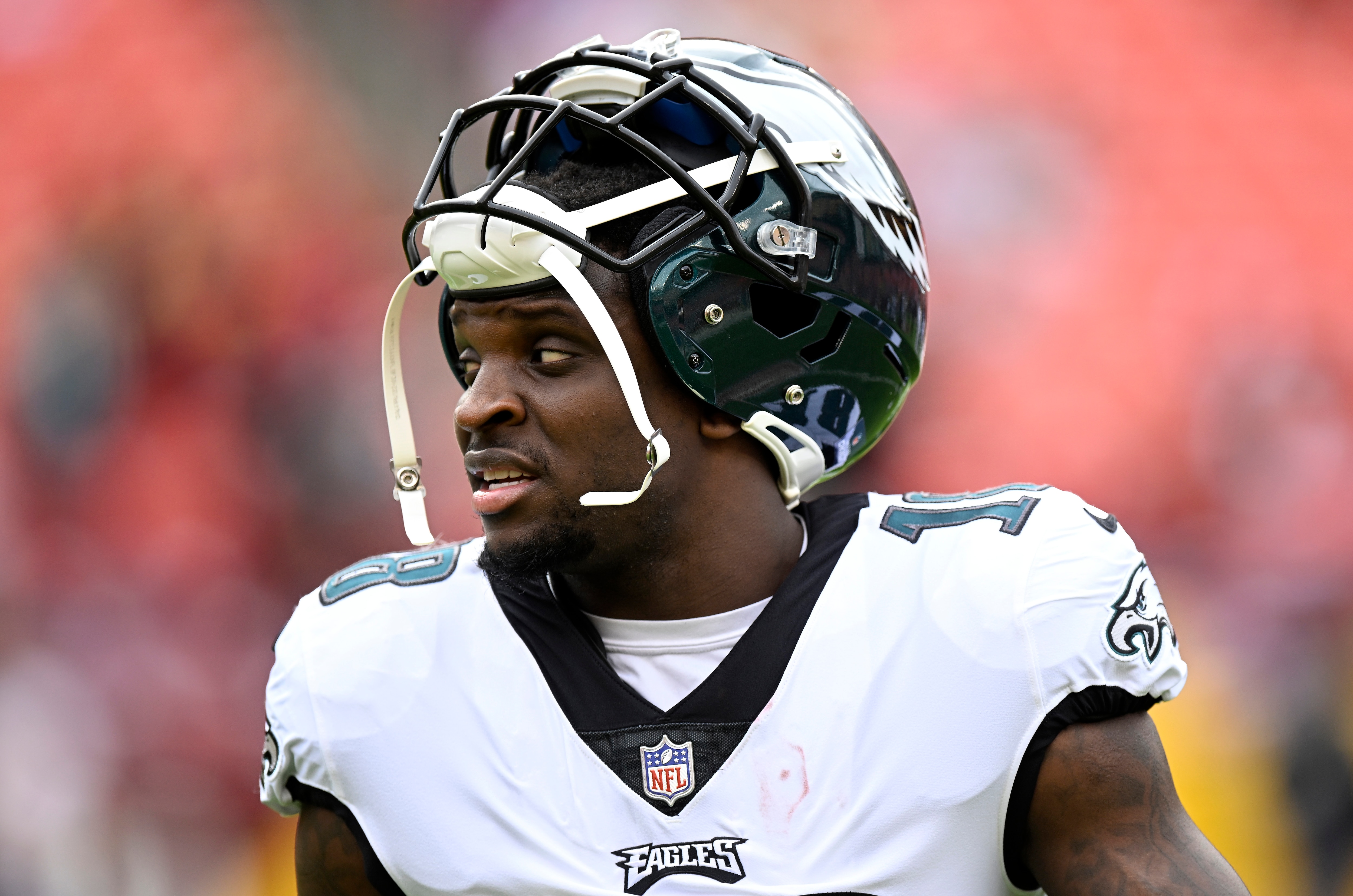 LANDOVER, MARYLAND - JANUARY 02: Jalen Reagor #18 of the Philadelphia Eagles warms up before the game against the Washington Football Team at FedExField on January 02, 2022 in Landover, Maryland. (Photo by G Fiume/Getty Images)