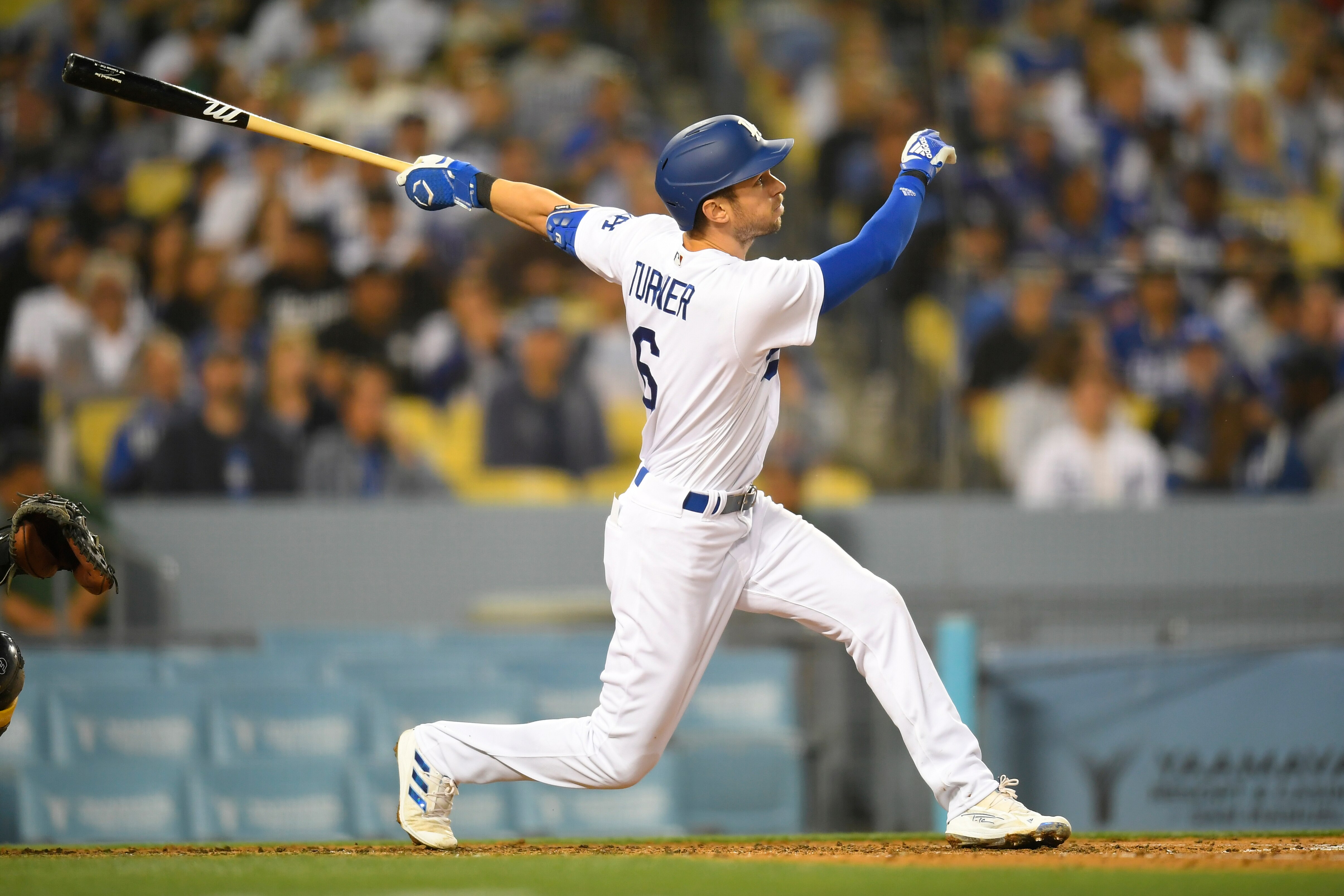 LOS ANGELES, CA - MAY 31: Trea Turner #6 of the Los Angeles Dodgers hits a home run against the Pittsburgh Pirates in the third inning at Dodger Stadium on May 31, 2022 in Los Angeles, California. (Photo by John McCoy/Getty Images)