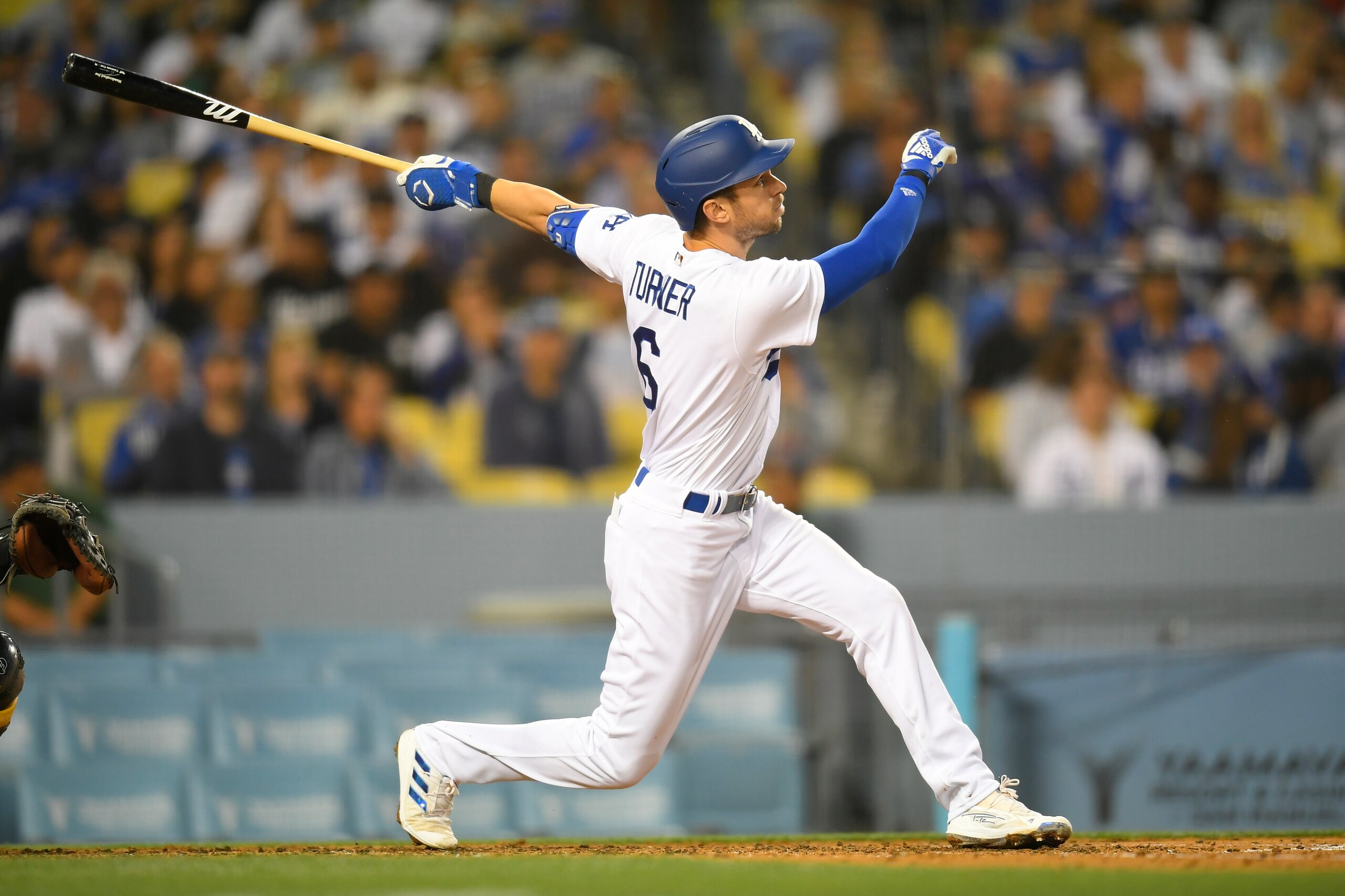 LOS ANGELES, CA - MAY 31: Trea Turner #6 of the Los Angeles Dodgers hits a home run against the Pittsburgh Pirates in the third inning at Dodger Stadium on May 31, 2022 in Los Angeles, California. (Photo by John McCoy/Getty Images)