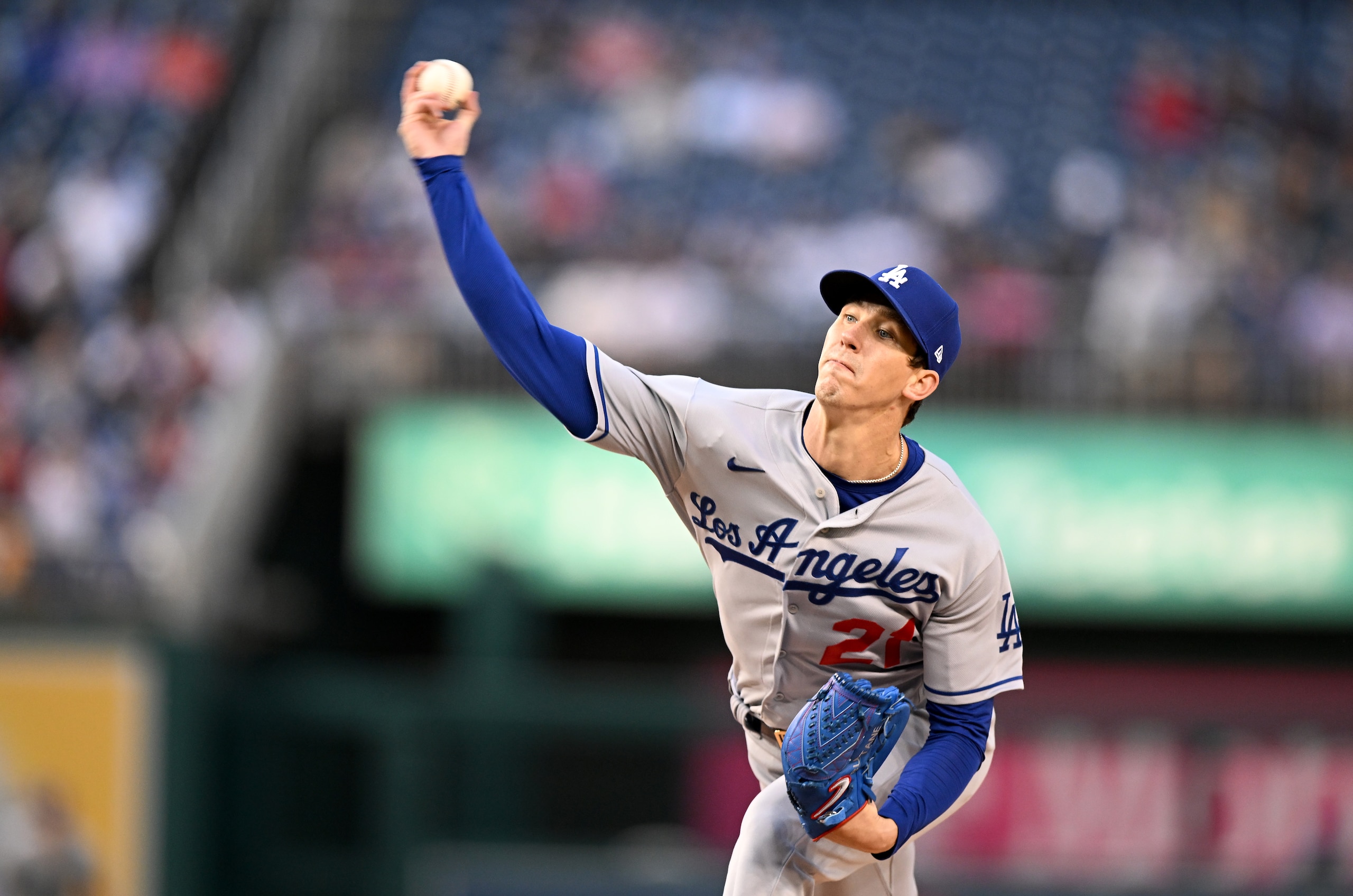 WASHINGTON, DC - MAY 24: Walker Buehler #21 of the Los Angeles Dodgers pitches against the Washington Nationals at Nationals Park on May 24, 2022 in Washington, DC. (Photo by G Fiume/Getty Images)