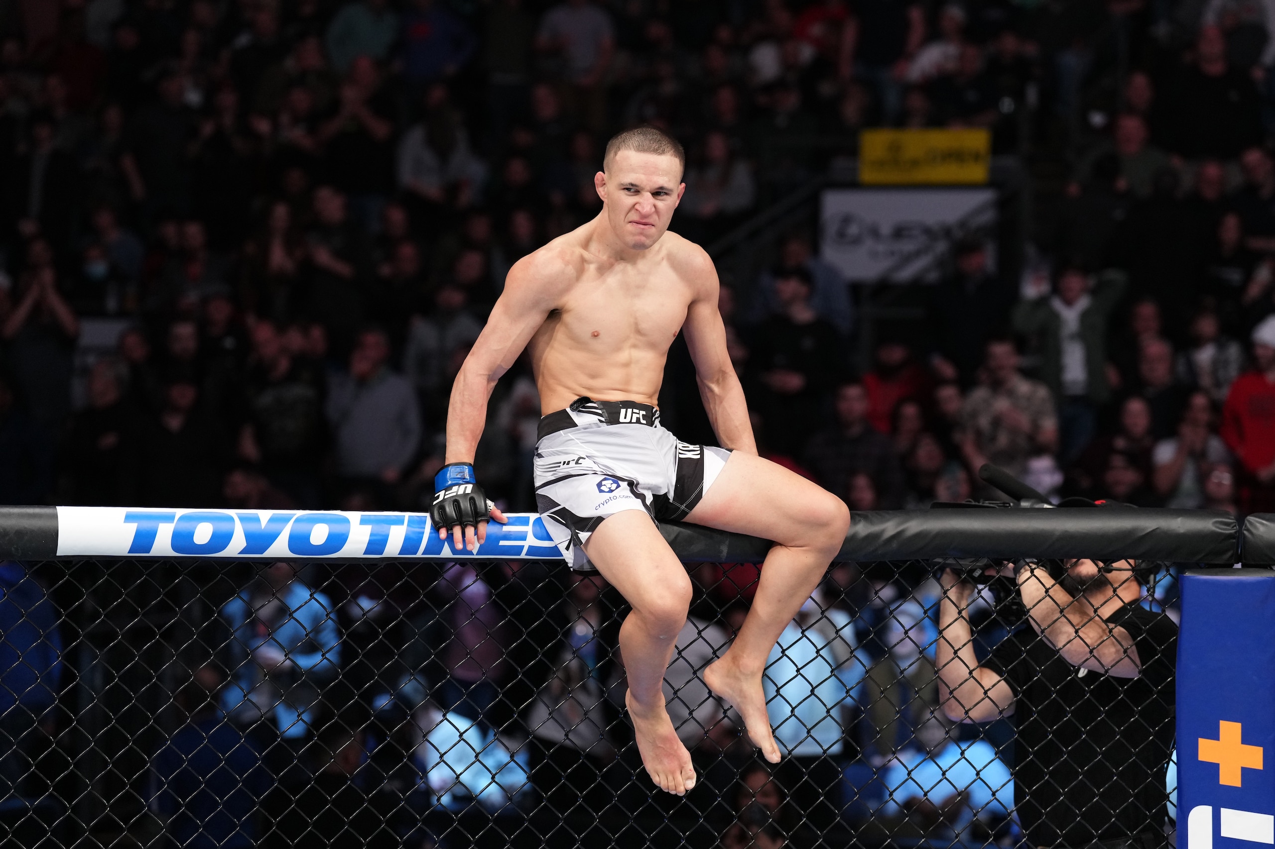 COLUMBUS, OHIO - MARCH 26:  Kai Kara-France of New Zealand reacts after his flyweight fight against Askar Askarov of Russia during the UFC Fight Night event at Nationwide Arena on March 26, 2022 in Columbus, Ohio. (Photo by Josh Hedges/Zuffa LLC)