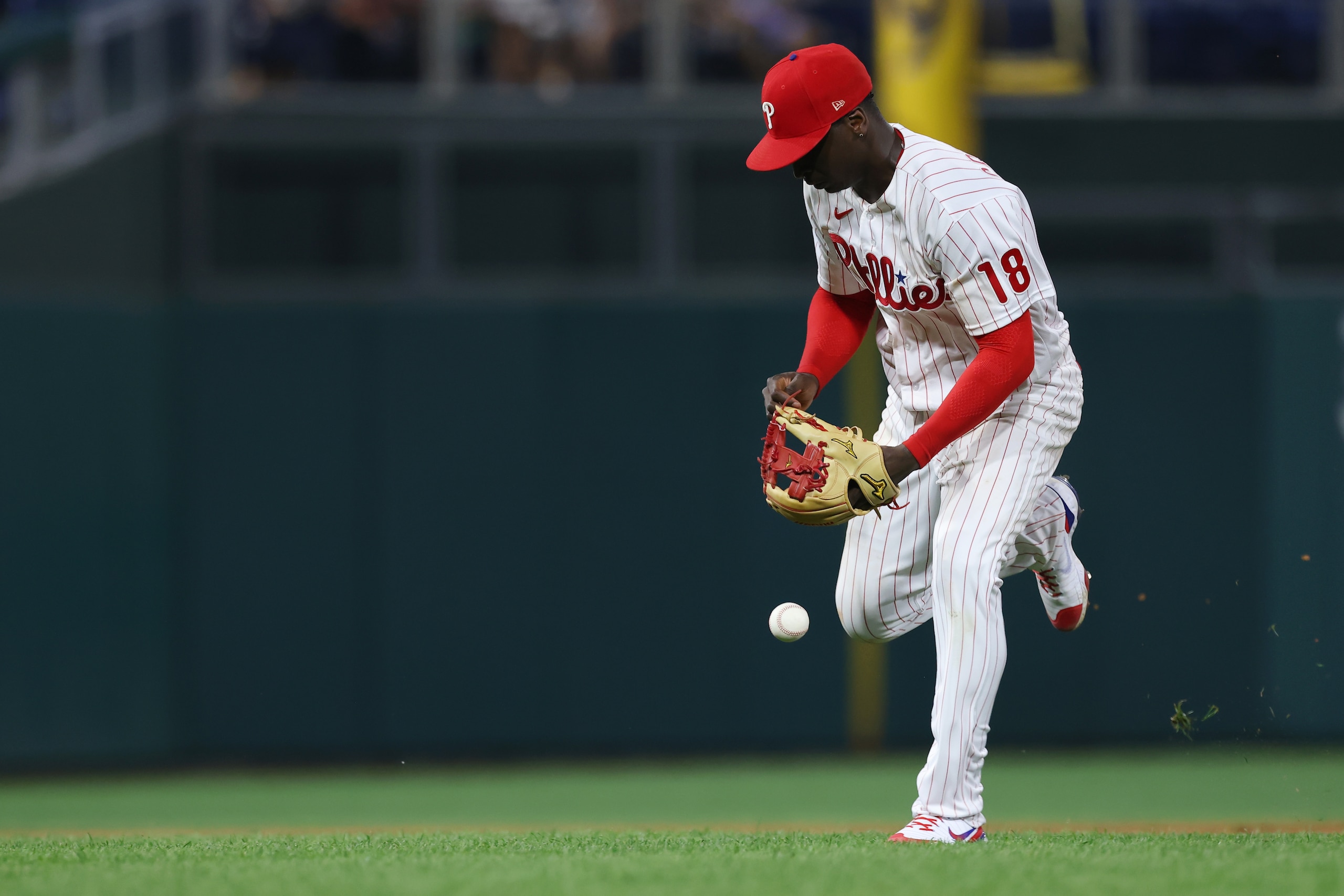 PHILADELPHIA, PA - JULY 26: Shortstop Didi Gregorius #18 of the Philadelphia Phillies makes an error on a ball hit by Josh Bell #19 of the Washington Nationals in the ninth inning of a game at Citizens Bank Park on July 26, 2021 in Philadelphia, Pennsylvania. The Phillies defeated the Nationals 6-5.(Photo by Rich Schultz/Getty Images) PHILADELPHIA, PA - JULY 26: Shortstop Didi Gregorius #18 of the Philadelphia Phillies makes an error on a ball hit by Josh Bell #19 of the Washington Nationals in the ninth inning of a game at Citizens Bank Park on July 26, 2021 in Philadelphia, Pennsylvania. The Phillies defeated the Nationals 6-5.(Photo by Rich Schultz/Getty Images)