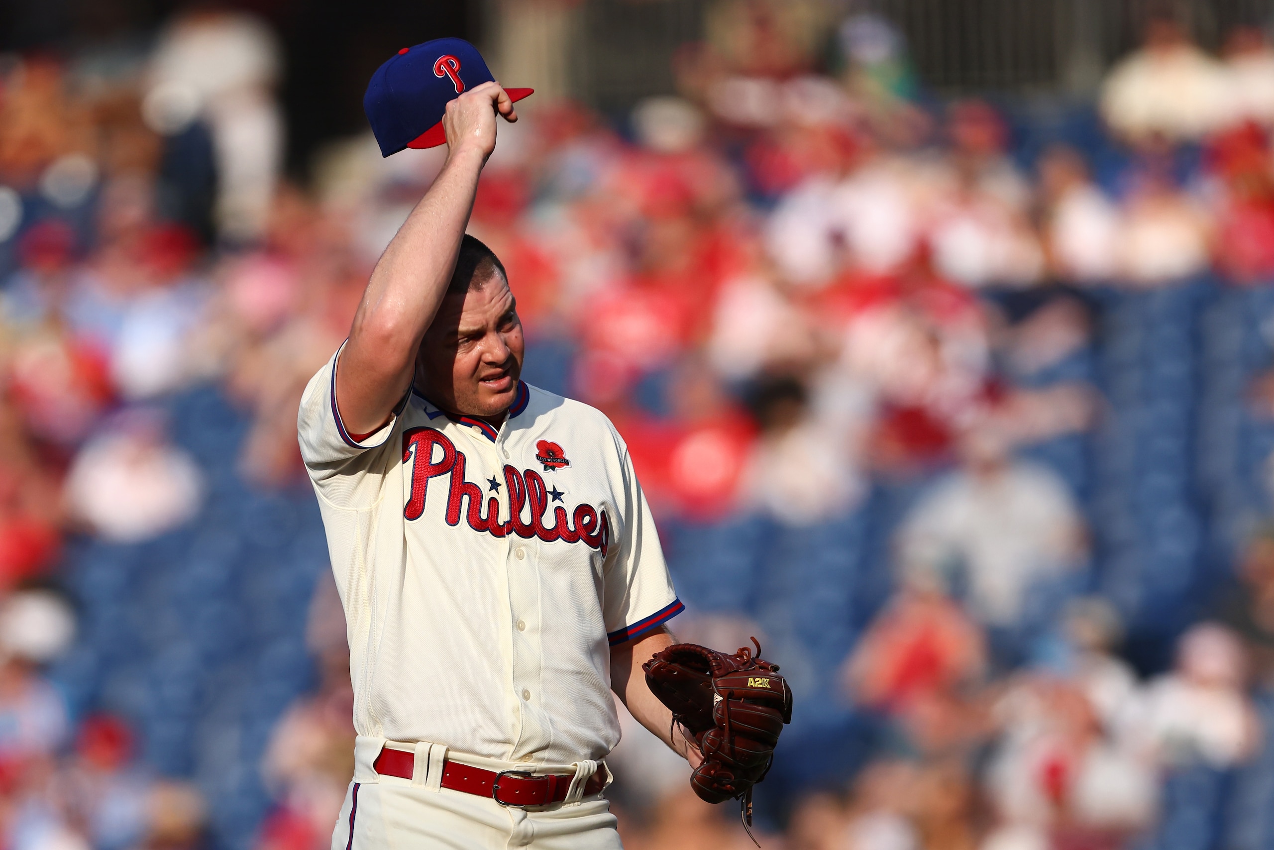 PHILADELPHIA, PA - MAY 30: Corey Knebel #23 of the Philadelphia Phillies reacts after giving up a solo home run to Evan Longoria of the San Francisco Giants in the ninth inning at Citizens Bank Park on May 30, 2022 in Philadelphia, Pennsylvania. The Giants defeated the Phillies 5-4 in 10 innings. (Photo by Rich Schultz/Getty Images) PHILADELPHIA, PA - MAY 30: Corey Knebel #23 of the Philadelphia Phillies reacts after giving up a solo home run to Evan Longoria of the San Francisco Giants in the ninth inning at Citizens Bank Park on May 30, 2022 in Philadelphia, Pennsylvania. The Giants defeated the Phillies 5-4 in 10 innings. (Photo by Rich Schultz/Getty Images)