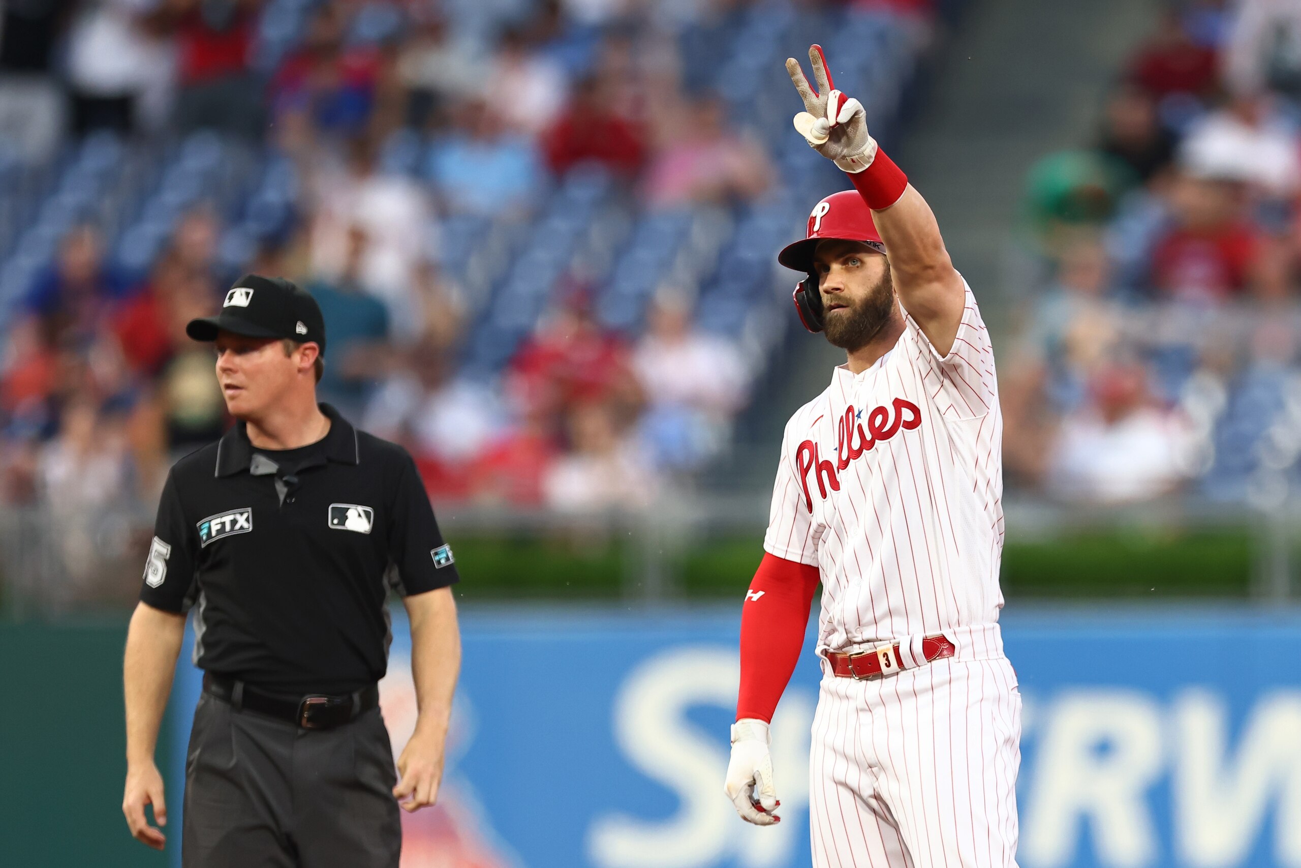 PHILADELPHIA, PA - MAY 31: Bryce Harper #3 of the Philadelphia Phillies gestures after hitting a double against the San Francisco Giants during the fourth inning of a game at Citizens Bank Park on May 31, 2022 in Philadelphia, Pennsylvania. (Photo by Rich Schultz/Getty Images) PHILADELPHIA, PA - MAY 31: Bryce Harper #3 of the Philadelphia Phillies gestures after hitting a double against the San Francisco Giants during the fourth inning of a game at Citizens Bank Park on May 31, 2022 in Philadelphia, Pennsylvania. (Photo by Rich Schultz/Getty Images)