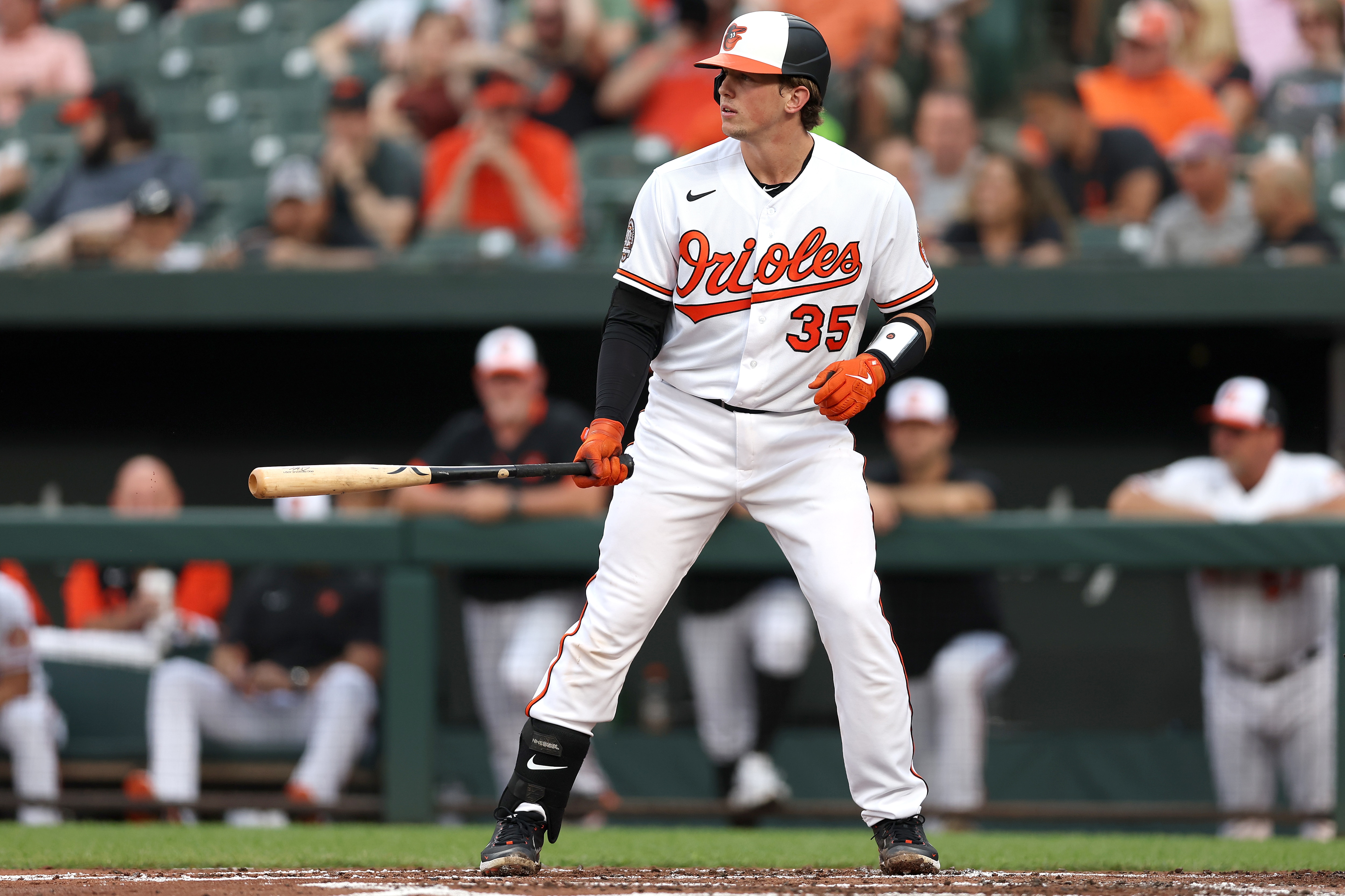 BALTIMORE, MARYLAND - MAY 31: Adley Rutschman #35 of the Baltimore Orioles bats against the Seattle Mariners at Oriole Park at Camden Yards on May 31, 2022 in Baltimore, Maryland. (Photo by Rob Carr/Getty Images)