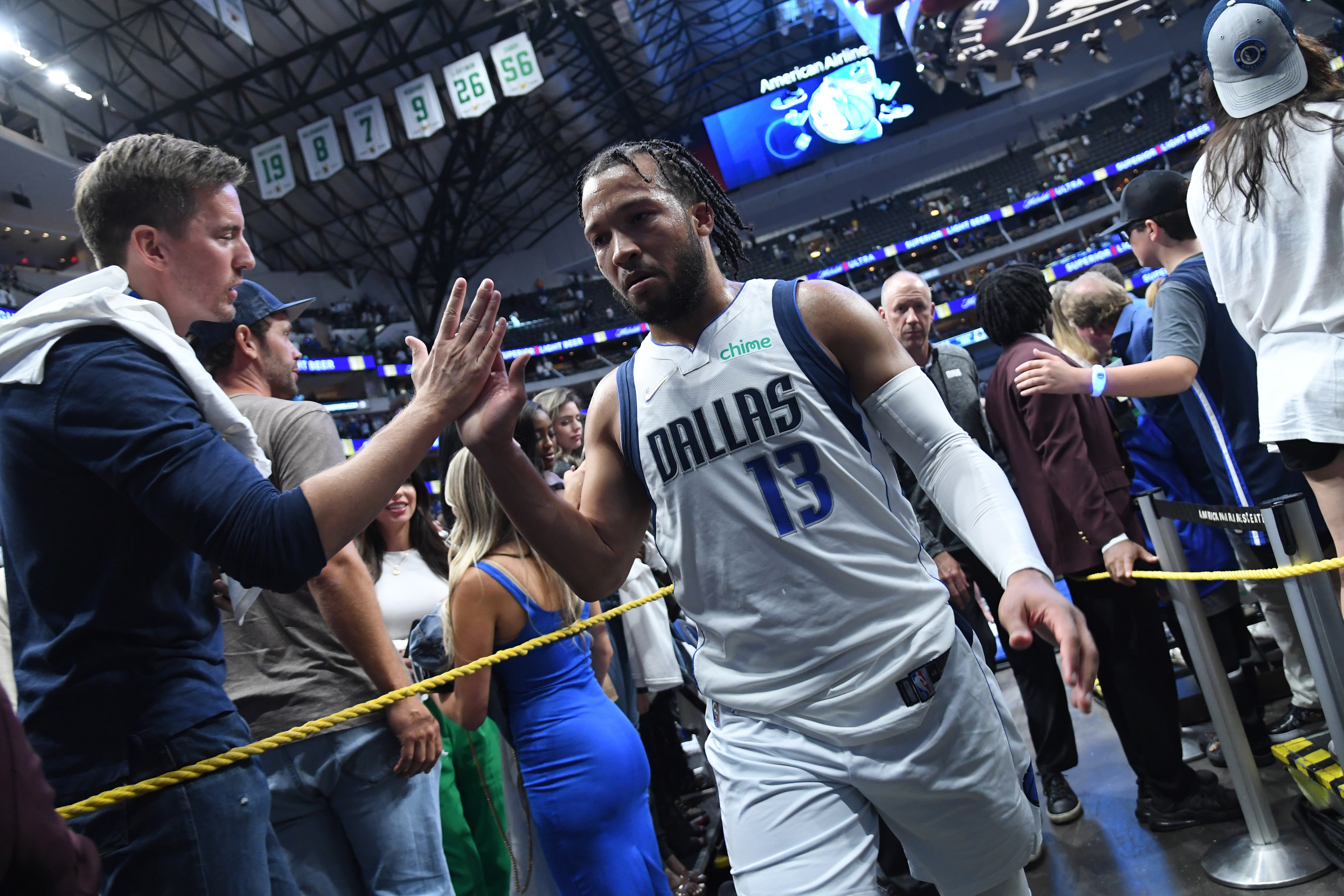 DALLAS, TX - MAY 24: Jalen Brunson #13 of the Dallas Mavericks walks off the court after Game 4 of the 2022 NBA Playoffs Western Conference Finals  on May 24, 2022 at the American Airlines Center in Dallas, Texas. NOTE TO USER: User expressly acknowledges and agrees that, by downloading and or using this photograph, User is consenting to the terms and conditions of the Getty Images License Agreement. Mandatory Copyright Notice: Copyright 2022 NBAE (Photo by Noah Graham/NBAE via Getty Images)