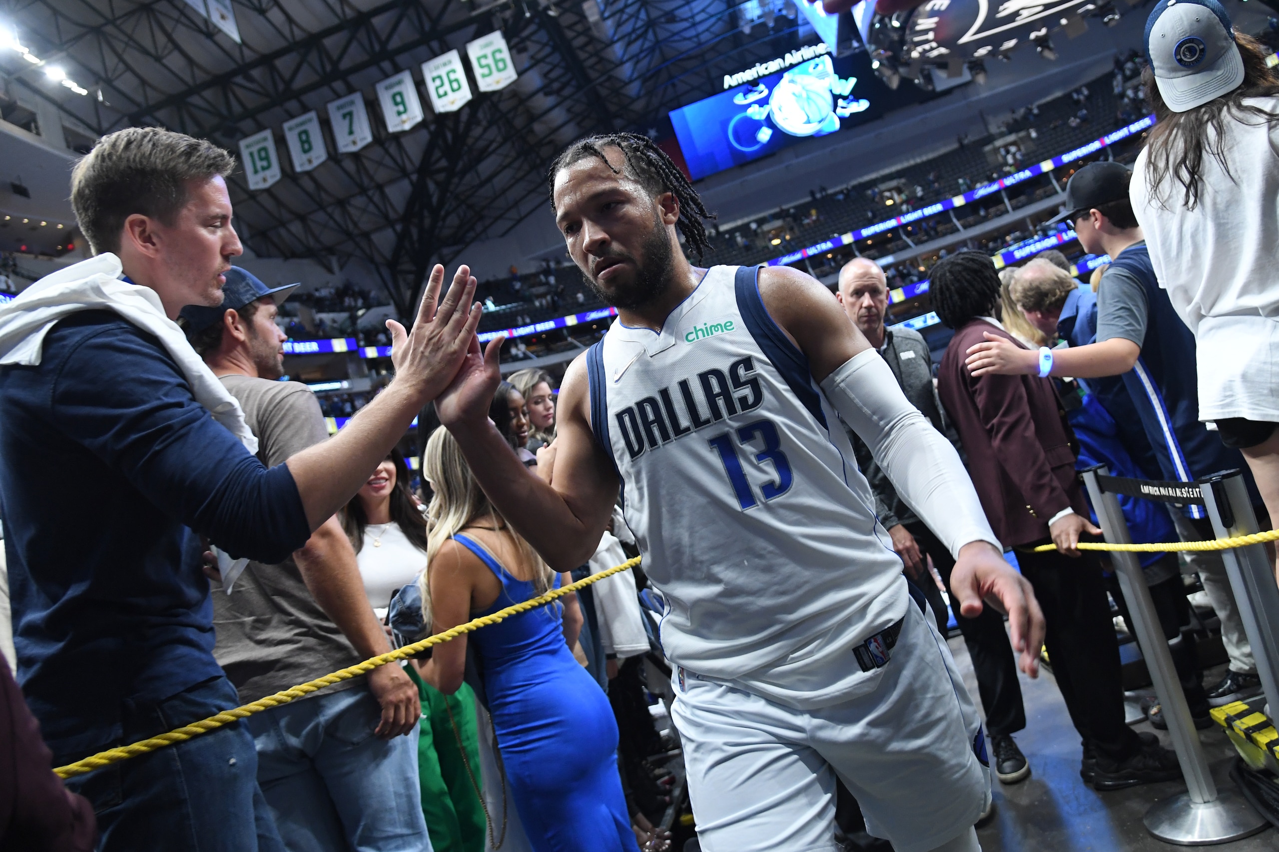 DALLAS, TX - MAY 24: Jalen Brunson #13 of the Dallas Mavericks walks off the court after Game 4 of the 2022 NBA Playoffs Western Conference Finals  on May 24, 2022 at the American Airlines Center in Dallas, Texas. NOTE TO USER: User expressly acknowledges and agrees that, by downloading and or using this photograph, User is consenting to the terms and conditions of the Getty Images License Agreement. Mandatory Copyright Notice: Copyright 2022 NBAE (Photo by Noah Graham/NBAE via Getty Images)