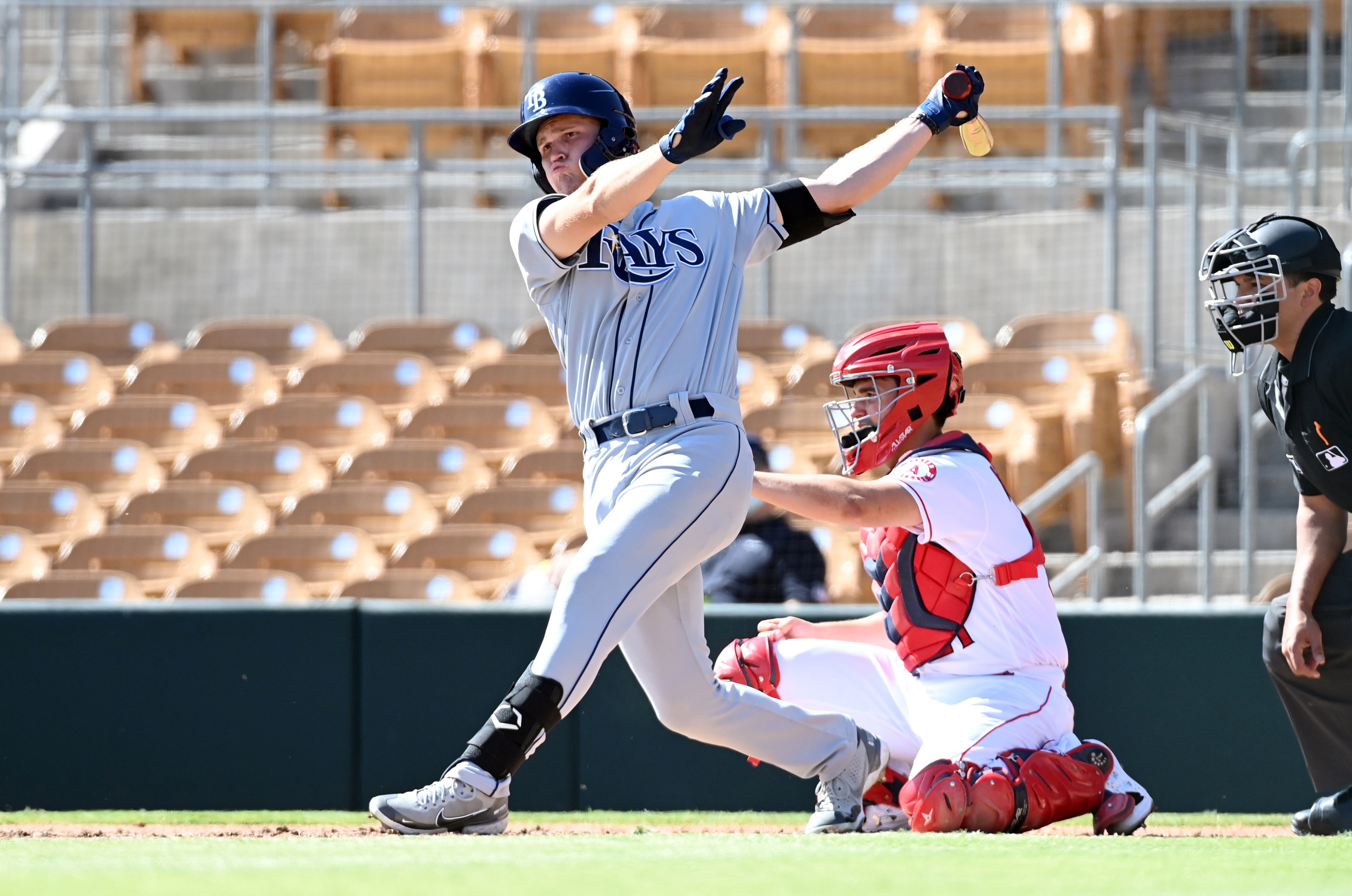 GLENDALE, AZ - OCTOBER 19: Curtis Mead #44 of the Scottsdale Scorpions bats during the game between the Scottsdale Scorpions and the Glendale Desert Dogs at Camelback Ranch on Tuesday, October 19, 2021 in Glendale, Arizona. (Photo by Norm Hall/MLB Photos via Getty Images)