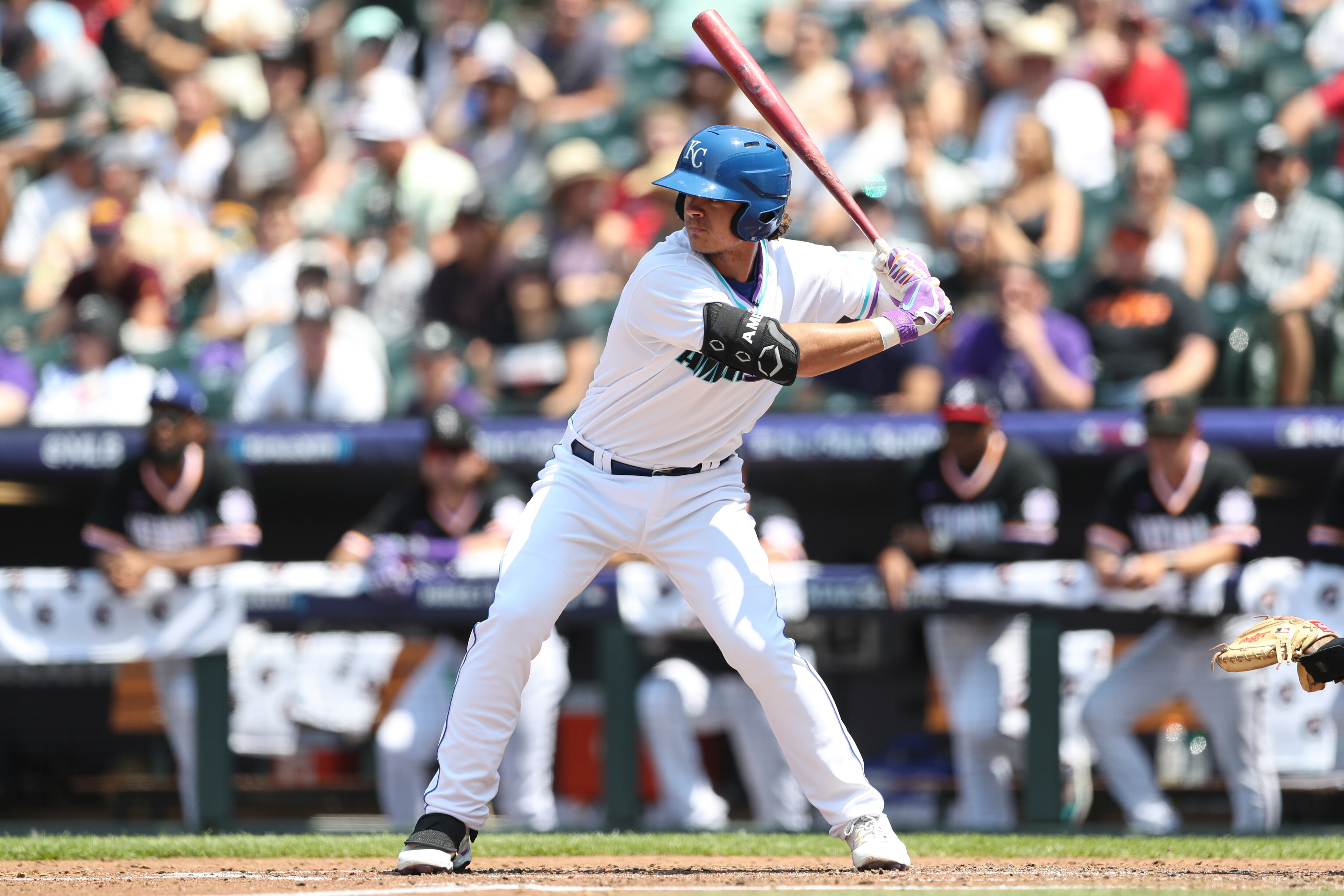 DENVER, CO - JULY 11:  Nick Pratto #32 of the American League Team bats during the 2021 Sirius XM Futures Game at Coors Field on Sunday, July 11, 2021 in Denver, Colorado. (Photo by Rob Tringali/MLB Photos via Getty Images)