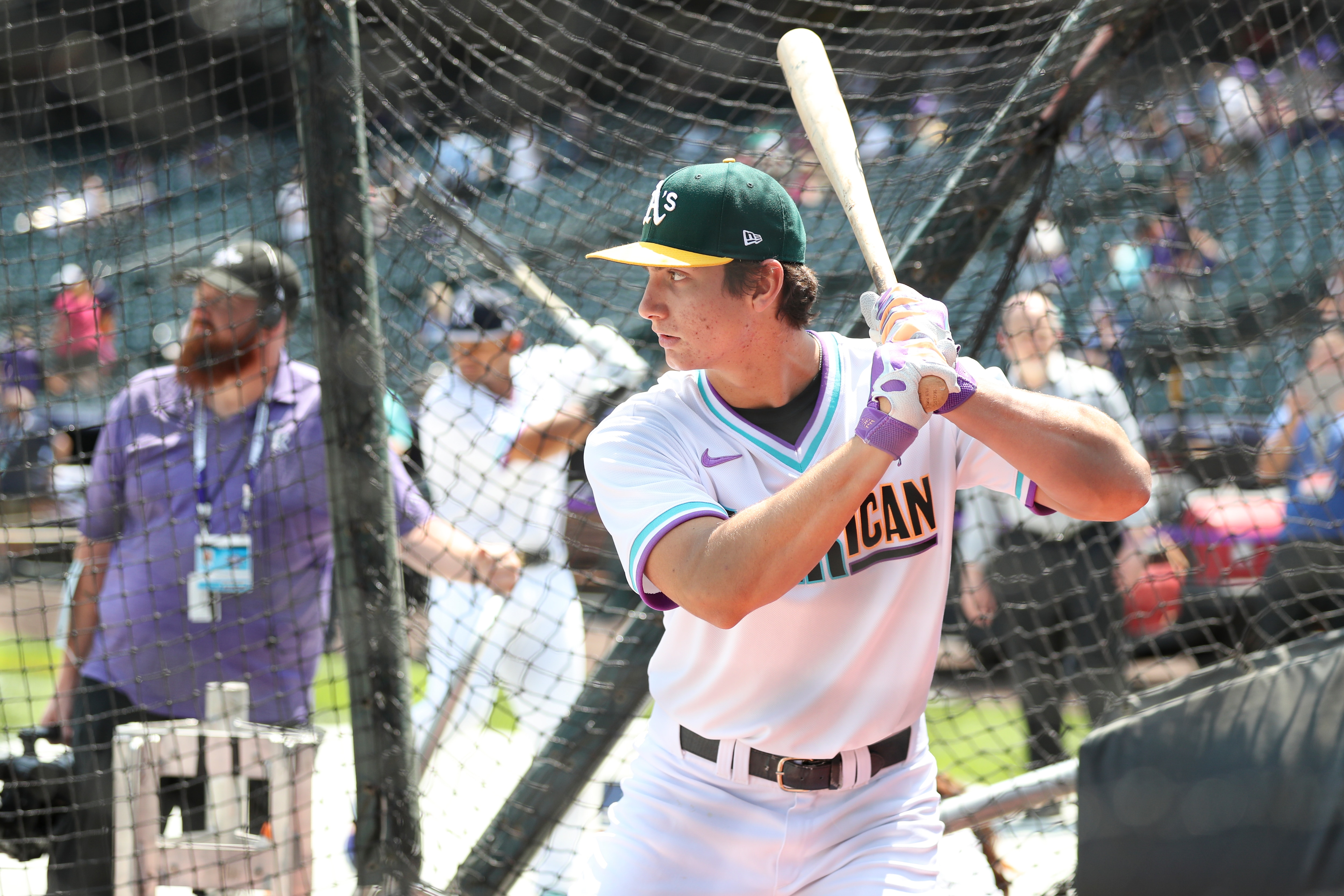 DENVER, CO - JULY 11:  Tyler Soderstrom #28 of the American League Team bats during batting practice before the 2021 Sirius XM Futures Game at Coors Field on Sunday, July 11, 2021 in Denver, Colorado. (Photo by Mary DeCicco/MLB Photos via Getty Images)