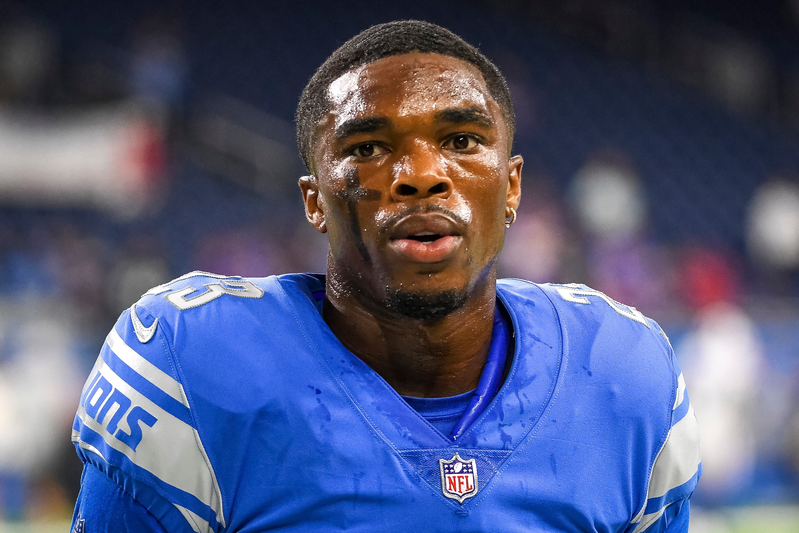 DETROIT, MICHIGAN - AUGUST 13: Jeff Okudah #23 of the Detroit Lions looks on before the preseason game against the Buffalo Bills at Ford Field on August 13, 2021 in Detroit, Michigan. (Photo by Nic Antaya/Getty Images) DETROIT, MICHIGAN - AUGUST 13: Jeff Okudah #23 of the Detroit Lions looks on before the preseason game against the Buffalo Bills at Ford Field on August 13, 2021 in Detroit, Michigan. (Photo by Nic Antaya/Getty Images)