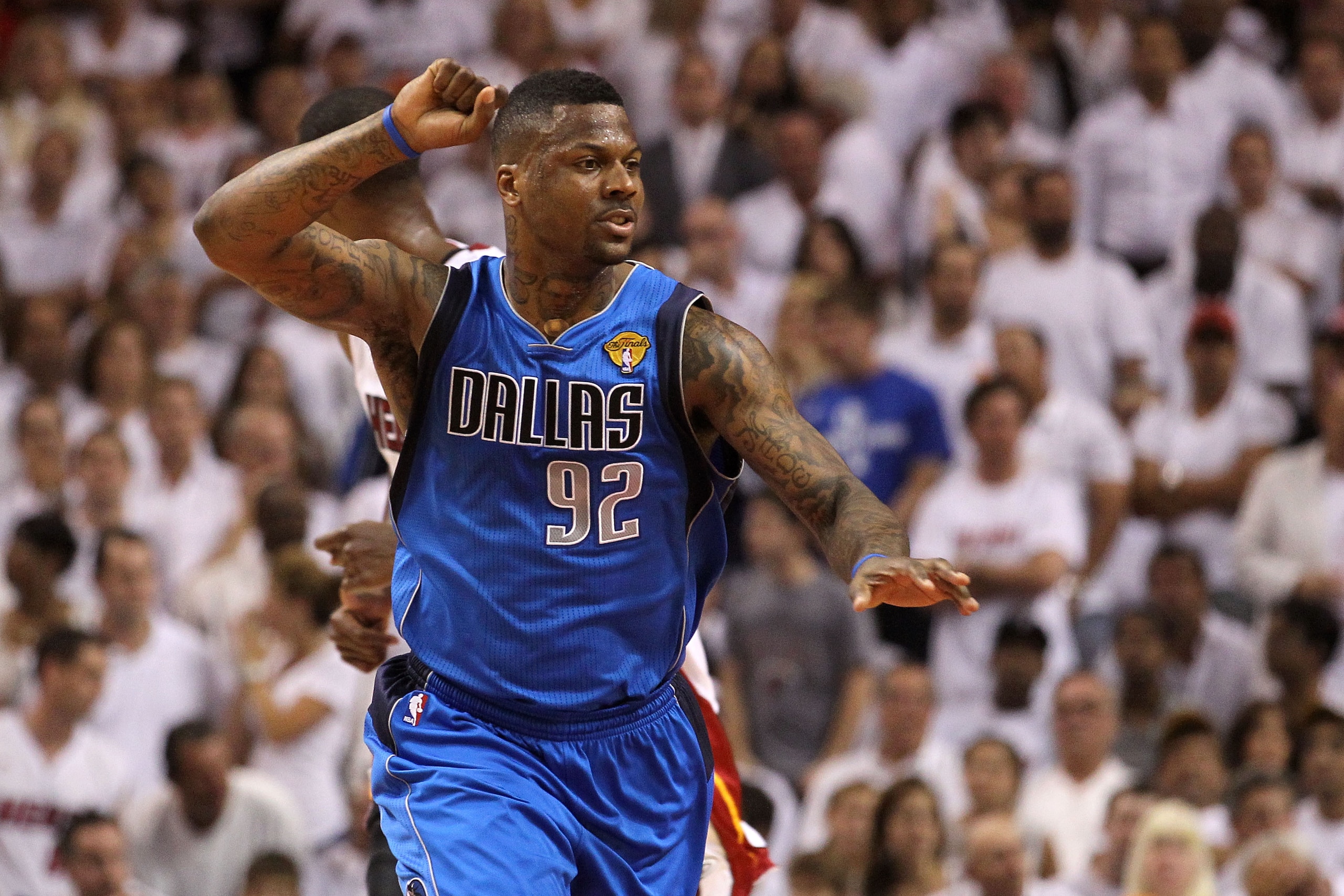 MIAMI, FL - JUNE 12: DeShawn Stevenson #92 of the Dallas Mavericks reacts against the Miami Heat in Game Six of the 2011 NBA Finals at American Airlines Arena on June 12, 2011 in Miami, Florida. The Mavericks won 105-95. NOTE TO USER: User expressly acknowledges and agrees that, by downloading and/or using this Photograph, user is consenting to the terms and conditions of the Getty Images License Agreement. (Photo by Ronald Martinez/Getty Images) MIAMI, FL - JUNE 12: DeShawn Stevenson #92 of the Dallas Mavericks reacts against the Miami Heat in Game Six of the 2011 NBA Finals at American Airlines Arena on June 12, 2011 in Miami, Florida. The Mavericks won 105-95. NOTE TO USER: User expressly acknowledges and agrees that, by downloading and/or using this Photograph, user is consenting to the terms and conditions of the Getty Images License Agreement. (Photo by Ronald Martinez/Getty Images)