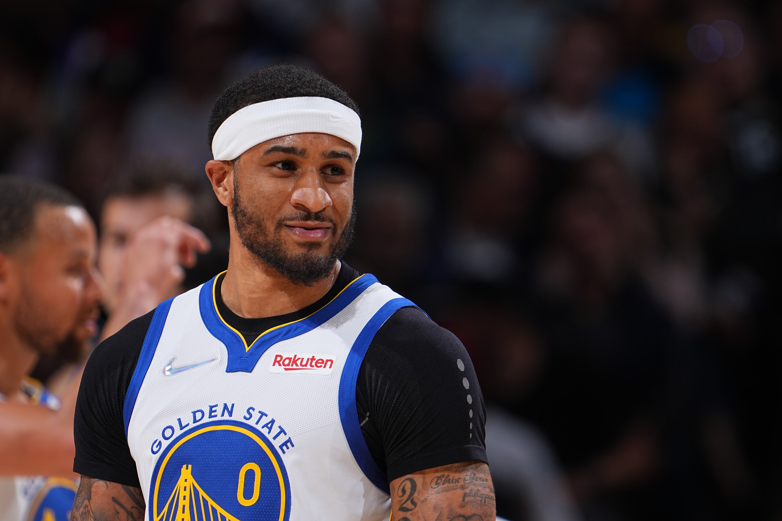 DENVER, CO - APRIL 21: Gary Payton II #0 of the Golden State Warriors looks on during the game against the Denver Nuggets during Round 1 Game 3 of the 2022 NBA Playoffs on April 21, 2022 at the Ball Arena in Denver, Colorado. NOTE TO USER: User expressly acknowledges and agrees that, by downloading and/or using this Photograph, user is consenting to the terms and conditions of the Getty Images License Agreement. Mandatory Copyright Notice: Copyright 2022 NBAE (Photo by Bart Young/NBAE via Getty Images)