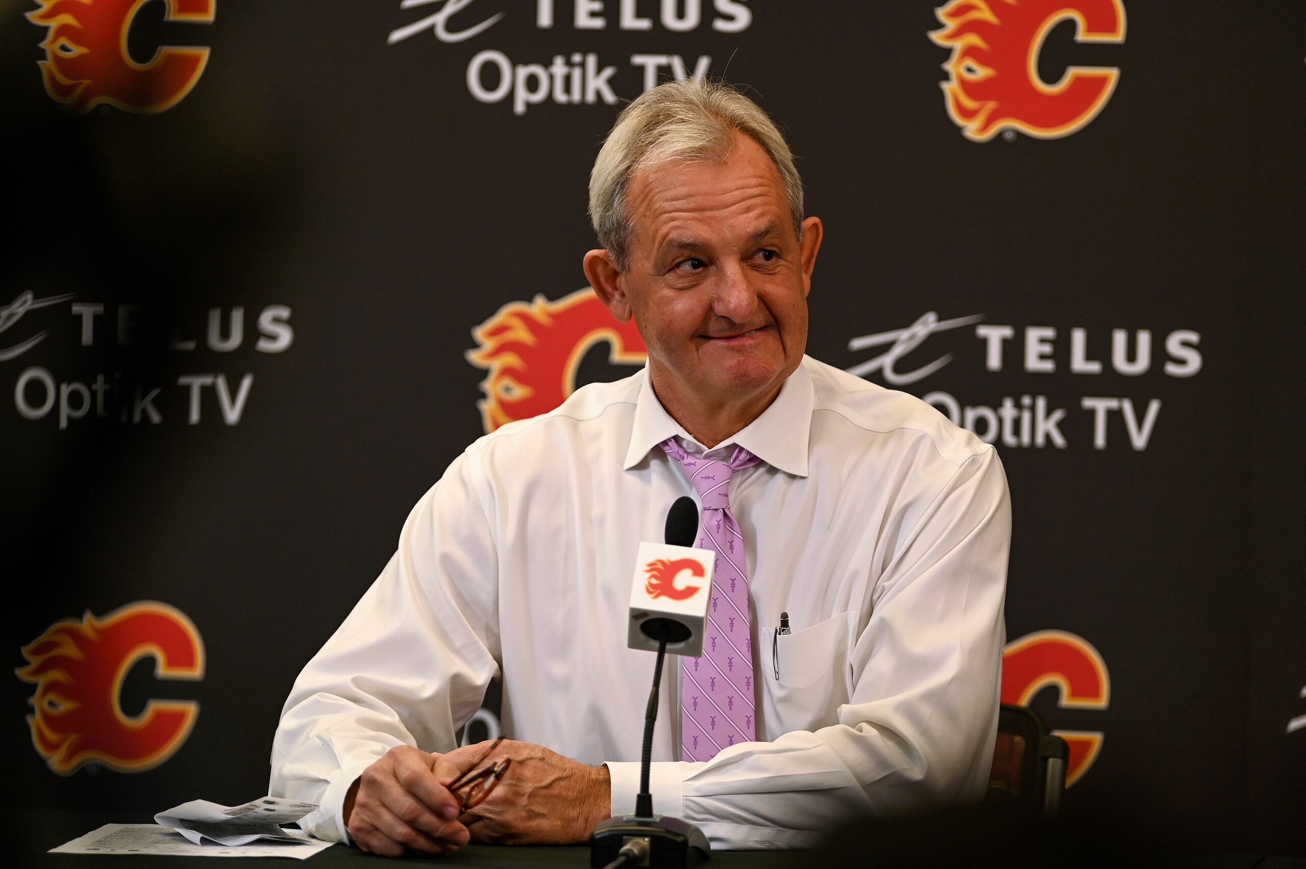 CALGARY, AB - NOVEMBER 04: Calgary Flames head coach Darryl Sutter listens to a question during a media interview after an NHL game where the Calgary Flames lost to the Dallas Stars 4-3 in overtime on November 4, 2021, at the Scotiabank Saddledome in Calgary, AB. (Photo by Brett Holmes/Icon Sportswire via Getty Images)