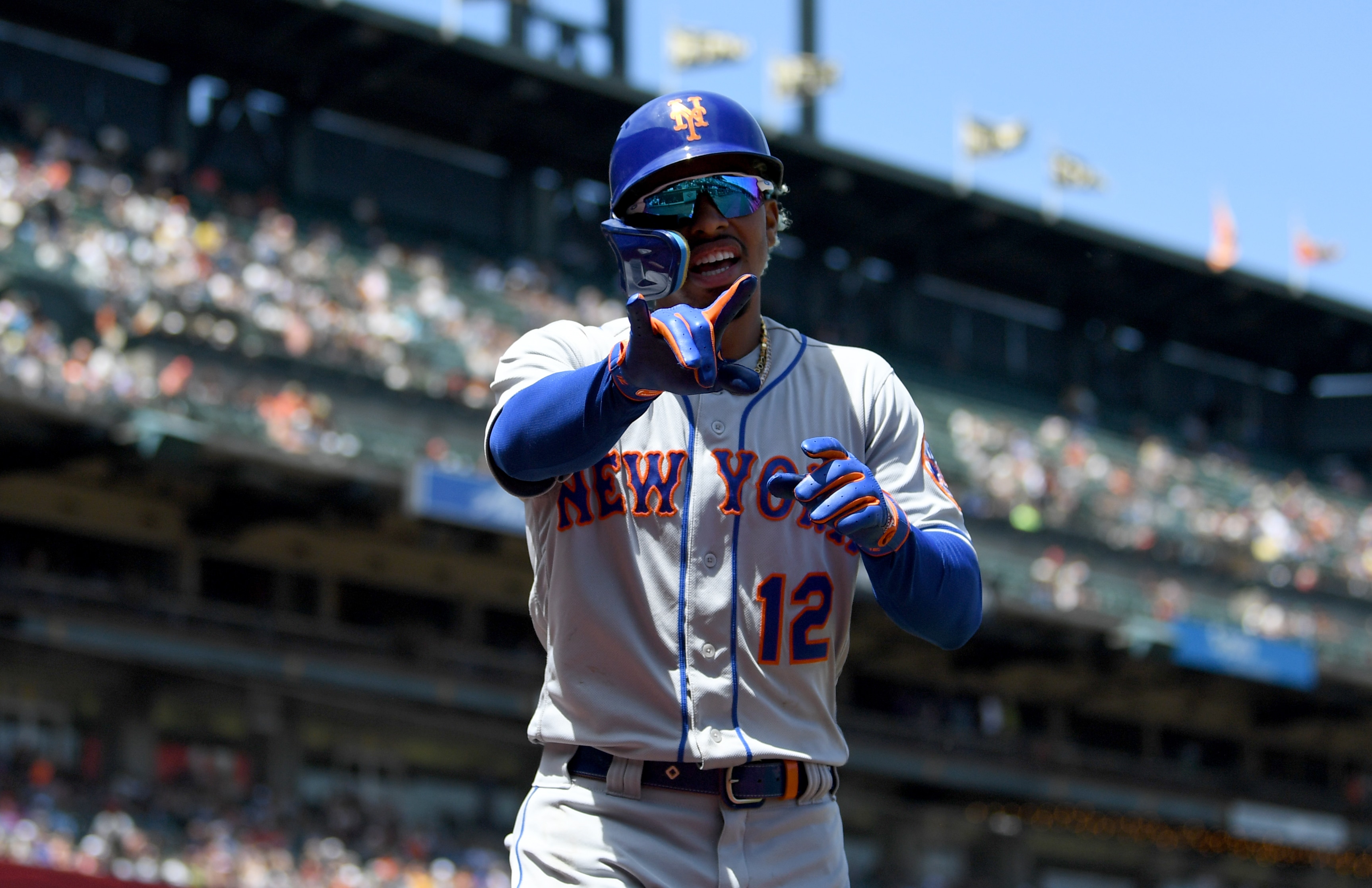 SAN FRANCISCO, CALIFORNIA - MAY 25: Francisco Lindor #12 of the New York Mets celebrates after hitting a home run in the top of the sixth inning against Jakob Junis #34 of the San Francisco Giants at Oracle Park on May 25, 2022 in San Francisco, California. (Photo by Michael Urakami/Getty Images)