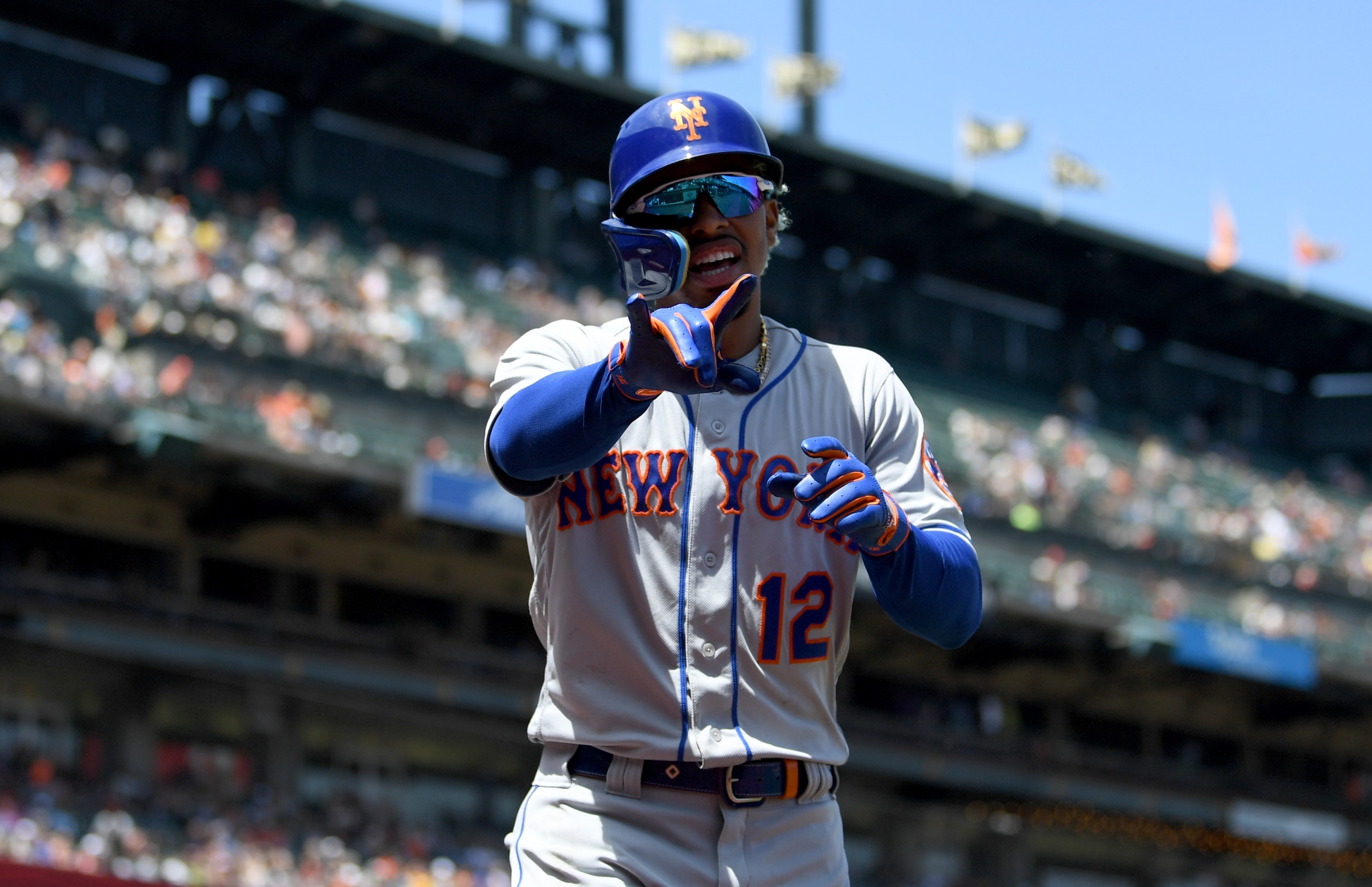 SAN FRANCISCO, CALIFORNIA - MAY 25: Francisco Lindor #12 of the New York Mets celebrates after hitting a home run in the top of the sixth inning against Jakob Junis #34 of the San Francisco Giants at Oracle Park on May 25, 2022 in San Francisco, California. (Photo by Michael Urakami/Getty Images)