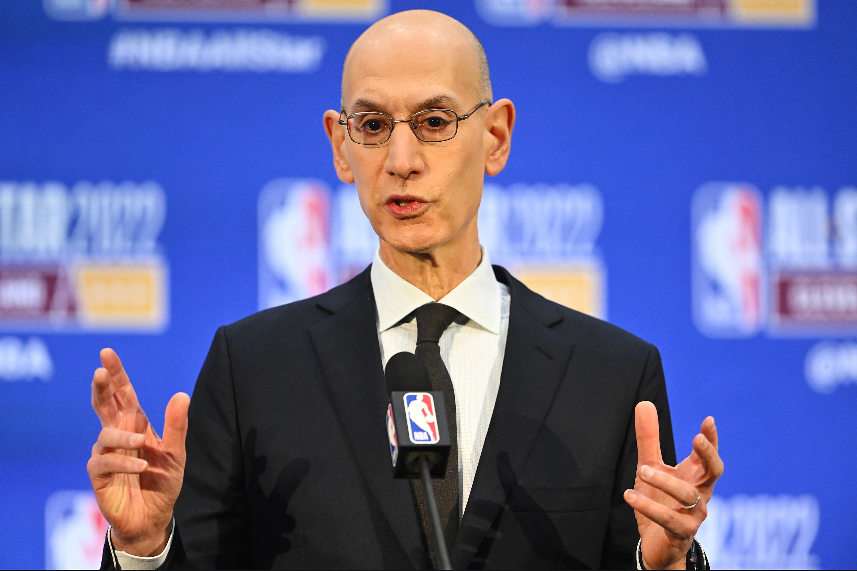 CLEVELAND, OHIO - FEBRUARY 19: NBA Commissioner Adam Silver speaks to the media during a press conference as part of the 2022 All-Star Weekend at Rocket Mortgage Fieldhouse on February 19, 2022 in Cleveland, Ohio. NOTE TO USER: User expressly acknowledges and agrees that, by downloading and or using this photograph, User is consenting to the terms and conditions of the Getty Images License Agreement. (Photo by Jason Miller/Getty Images)