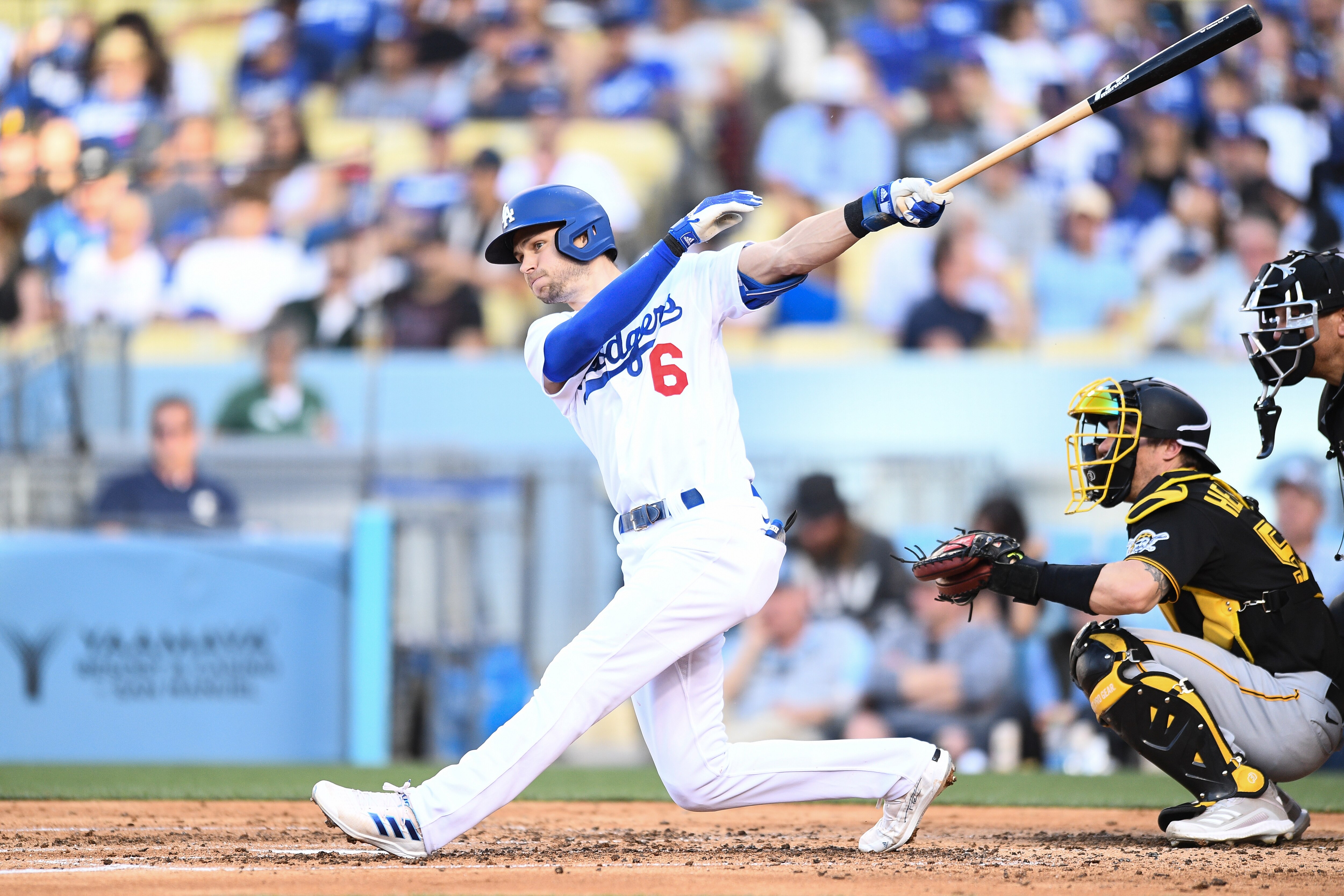 LOS ANGELES, CA - JUNE 01: Los Angeles Dodgers shortstop Trea Turner (6) doubles down the line during the MLB game between the Pittsburgh Pirates and the Los Angeles Dodgers on June 1, 2022 at Dodger Stadium in Los Angeles, CA. (Photo by Brian Rothmuller/Icon Sportswire via Getty Images)