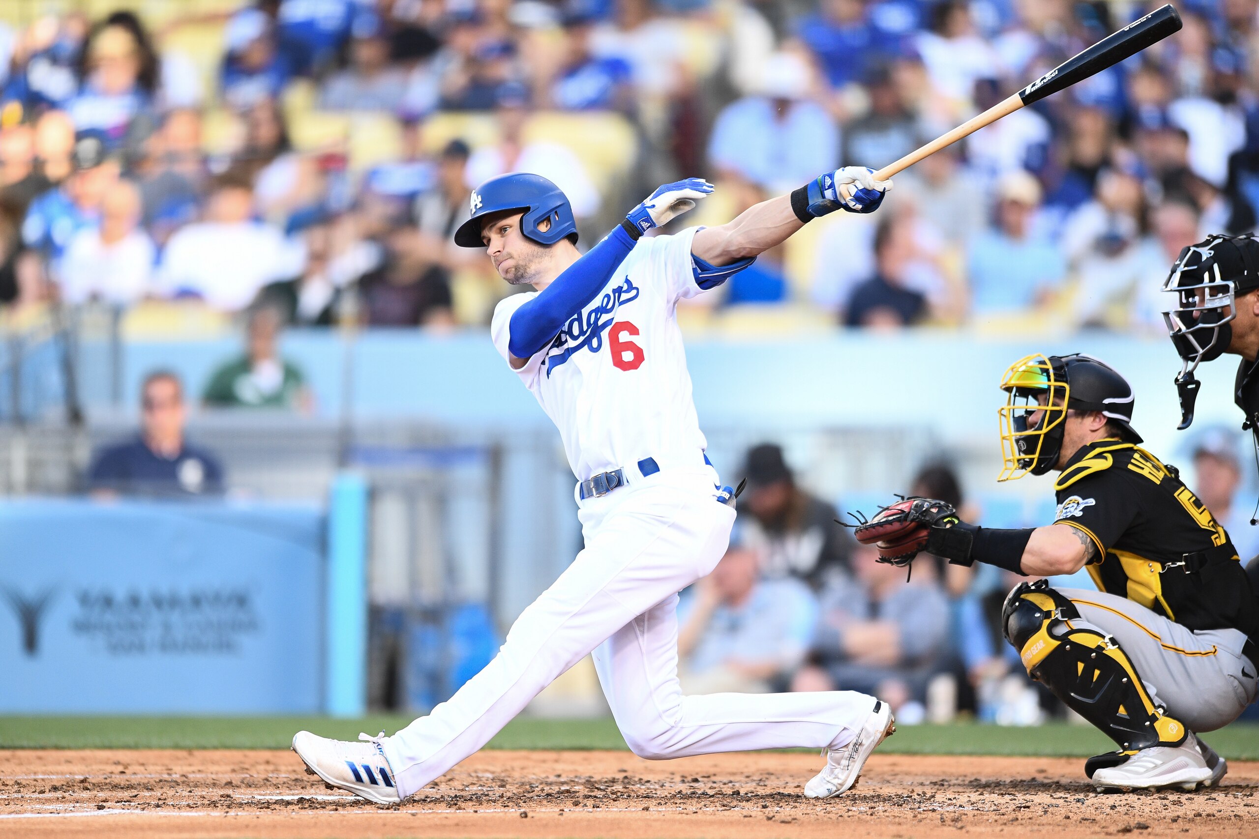 LOS ANGELES, CA - JUNE 01: Los Angeles Dodgers shortstop Trea Turner (6) doubles down the line during the MLB game between the Pittsburgh Pirates and the Los Angeles Dodgers on June 1, 2022 at Dodger Stadium in Los Angeles, CA. (Photo by Brian Rothmuller/Icon Sportswire via Getty Images)