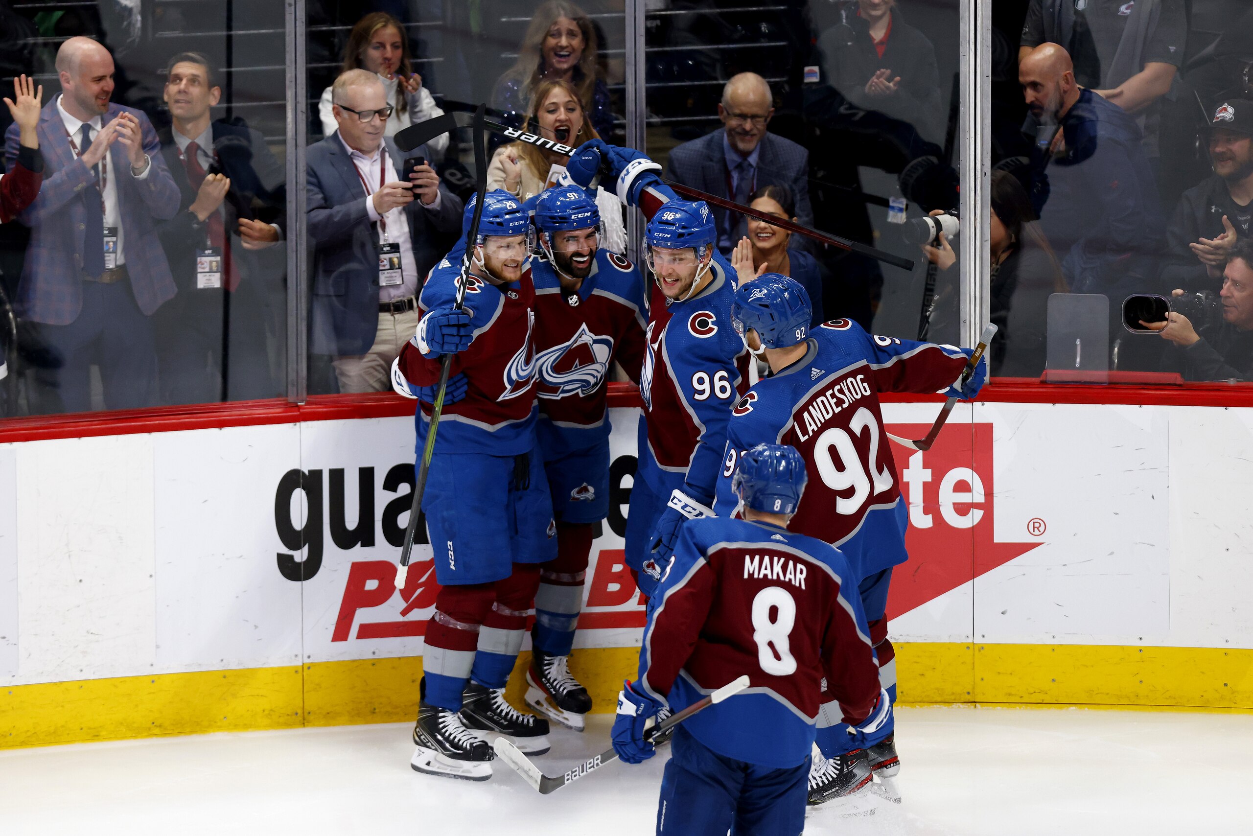 DENVER, COLORADO - MAY 31: Nazem Kadri #91 of the Colorado Avalanche celebrates with his teammates after scoring a goal against the Edmonton Oilers during the second period in Game One of the Western Conference Final of the 2022 Stanley Cup Playoffs at Ball Arena on May 31, 2022 in Denver, Colorado. (Photo by Justin Edmonds/Getty Images)