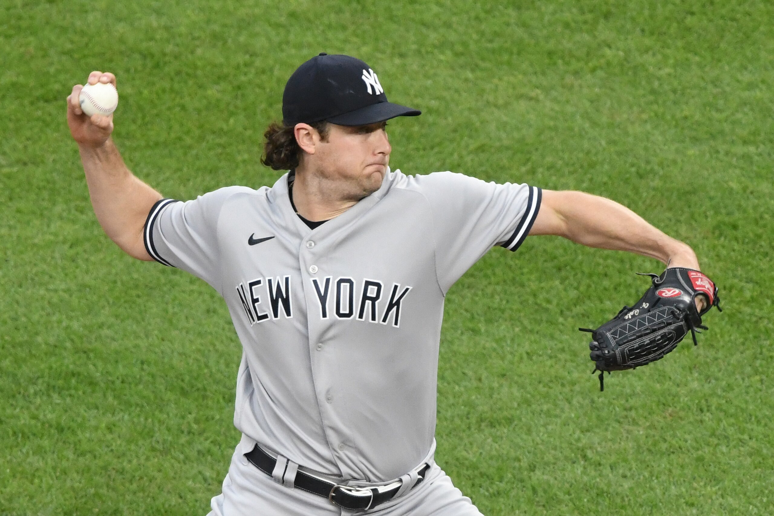 BALTIMORE, MD - MAY 18:  Gerrit Cole #45 of the New York Yankees pitches in the first inning during a baseball game against the Baltimore Orioles at Oriole Park at Camden Yards on May 18, 2022 in Baltimore Maryland.  (Photo by Mitchell Layton/Getty Images)