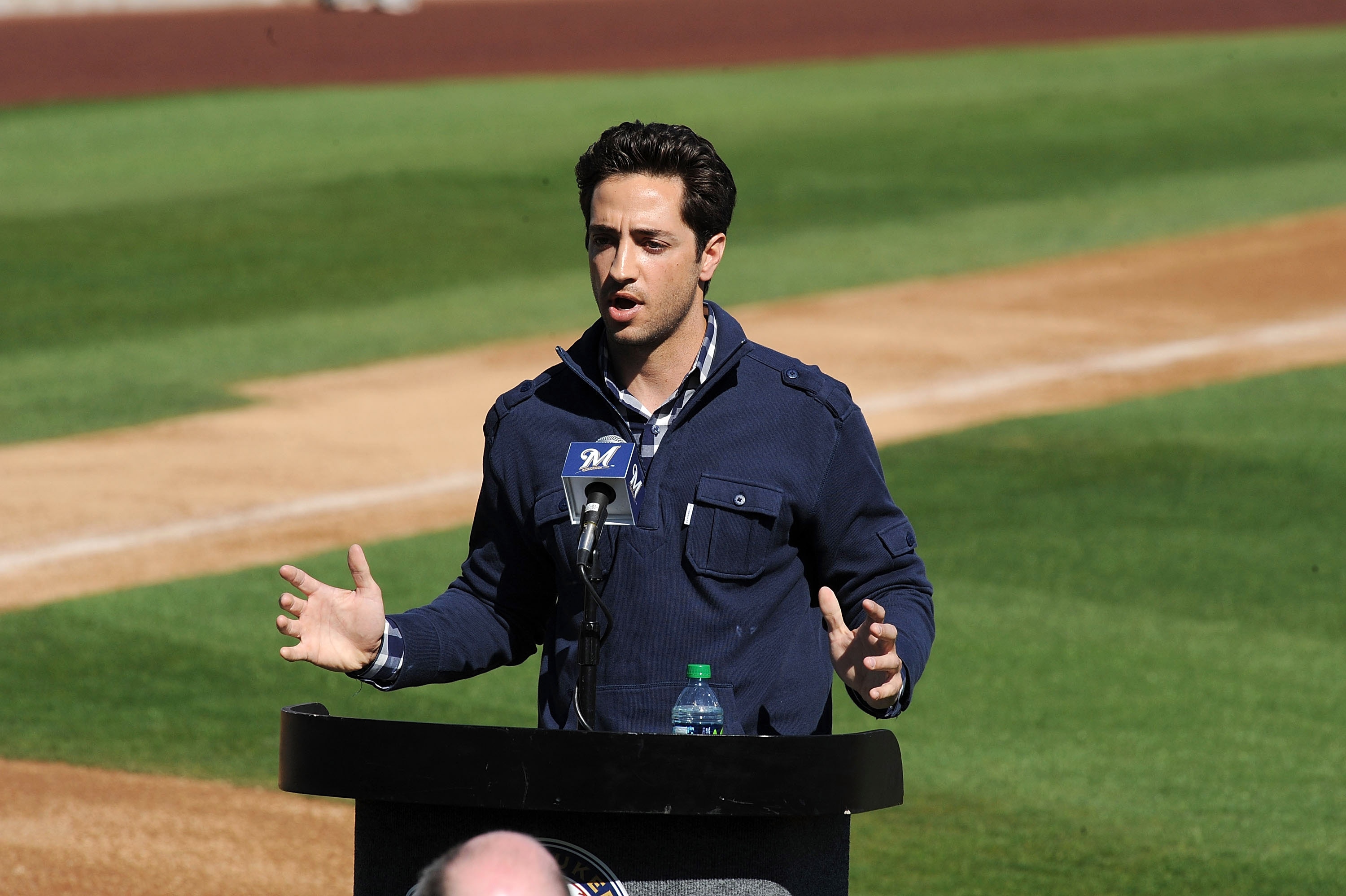 PHOENIX, AZ - FEBRUARY 24:  Ryan Braun of the Milwaukee Brewers talks to the media prior to spring workouts at Maryvale Baseball Park on February 24, 2012 in Phoenix, Arizona.  (Photo by Norm Hall/Getty Images)