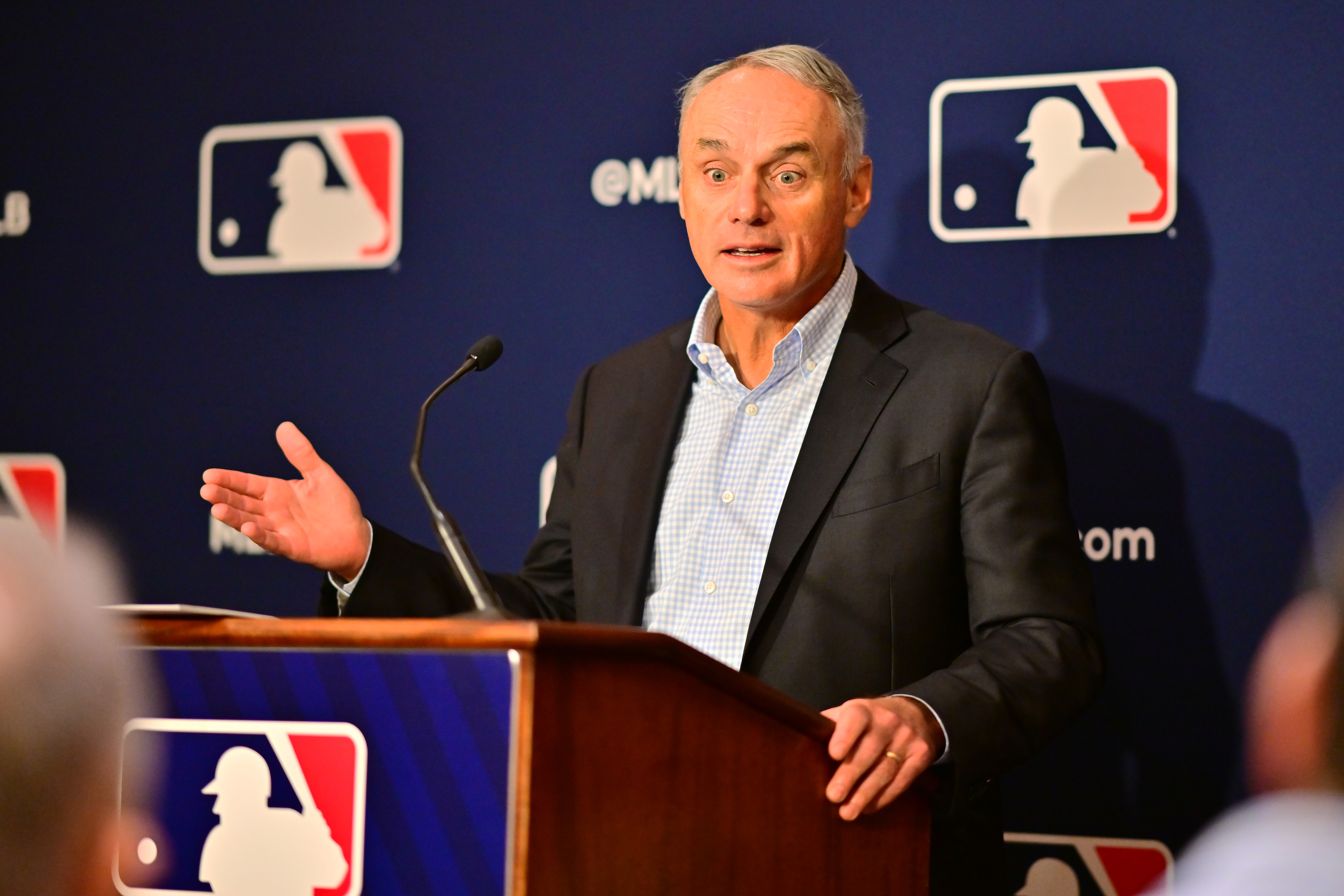 ORLANDO, FLORIDA - FEBRUARY 10: Major League Baseball Commissioner Rob Manfred answers questions during an MLB owner's meeting at the Waldorf Astoria on February 10, 2022 in Orlando, Florida. Manfred addressed the ongoing lockout of players, which owners put in place after the league's collective bargaining agreement ended on December 1, 2021. (Photo by Julio Aguilar/Getty Images)
